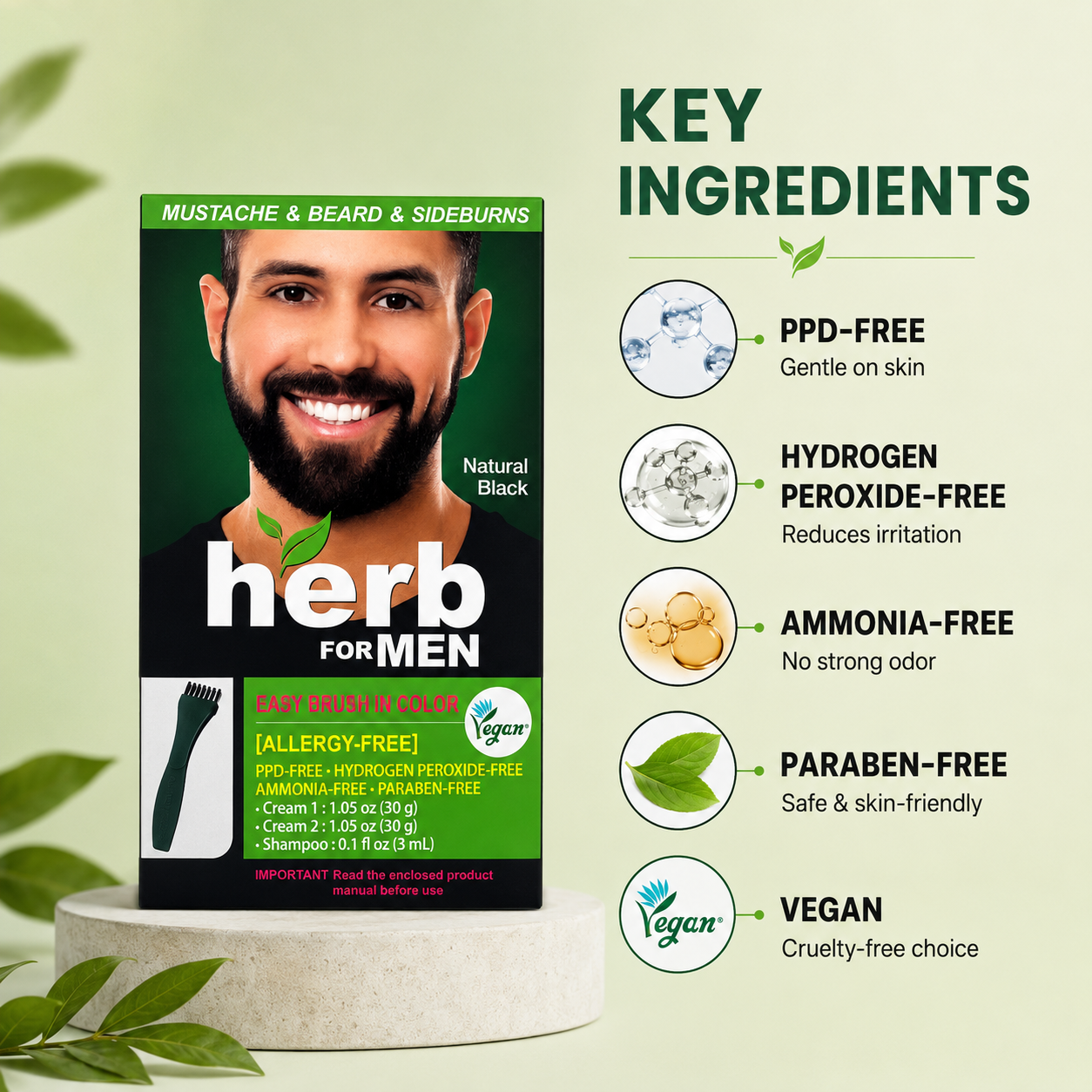 Herb For Men Easy Brush In Color Mustache & Beard & Sideburns Natural Black Beard Color Kit with natural grey hair coverage, 30g + 30g + 3mL.