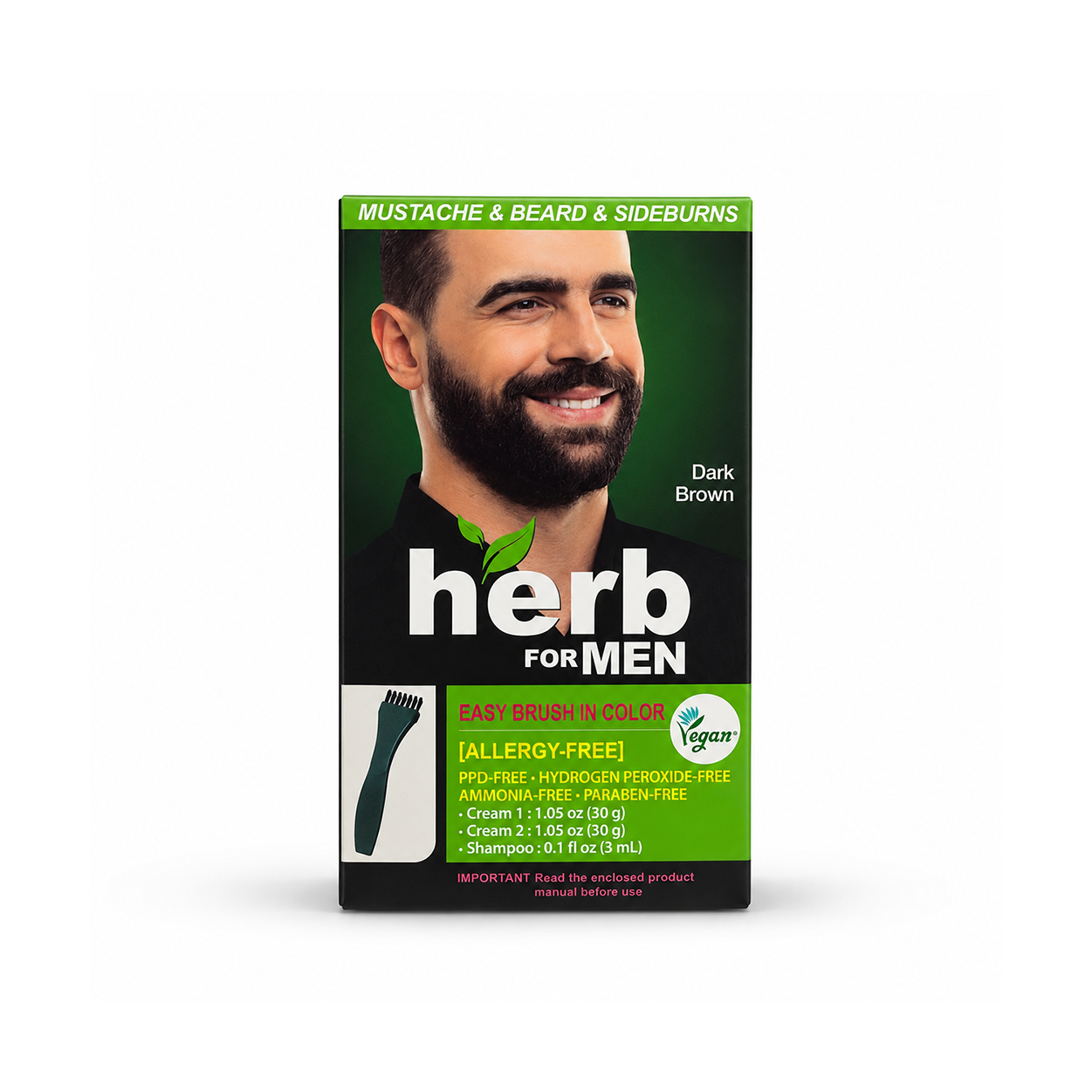 Herb For Men Easy Brush In Color Mustache, Beard & Sideburns Dark Brown beard color kit with gentle grey hair coverage, 30g x2 + 3mL shampoo.