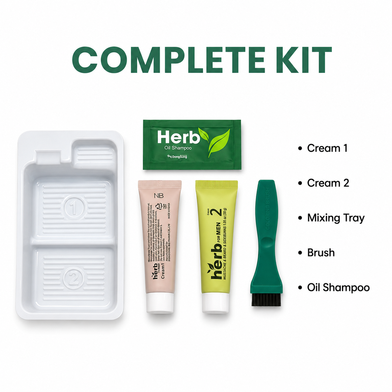 Herb For Men Easy Brush In Color Mustache & Beard & Sideburns Natural Black Beard Color Kit with natural grey hair coverage, 30g + 30g + 3mL.