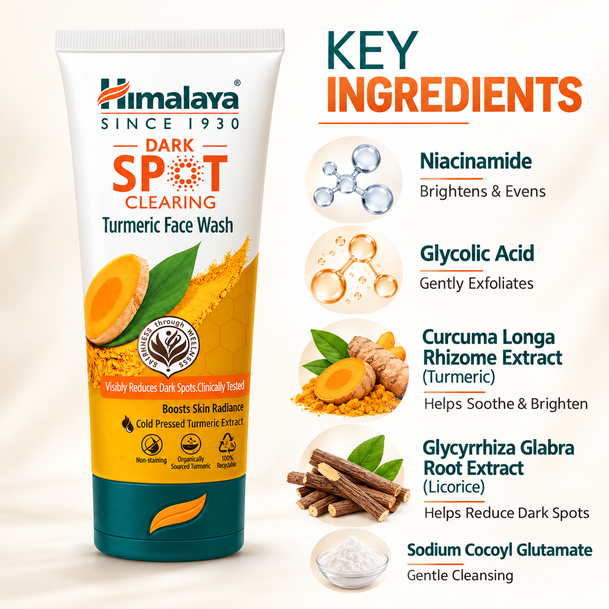Himalaya Dark Spot Clearing Turmeric Face Wash 100ml for visibly reducing dark spots and boosting skin radiance