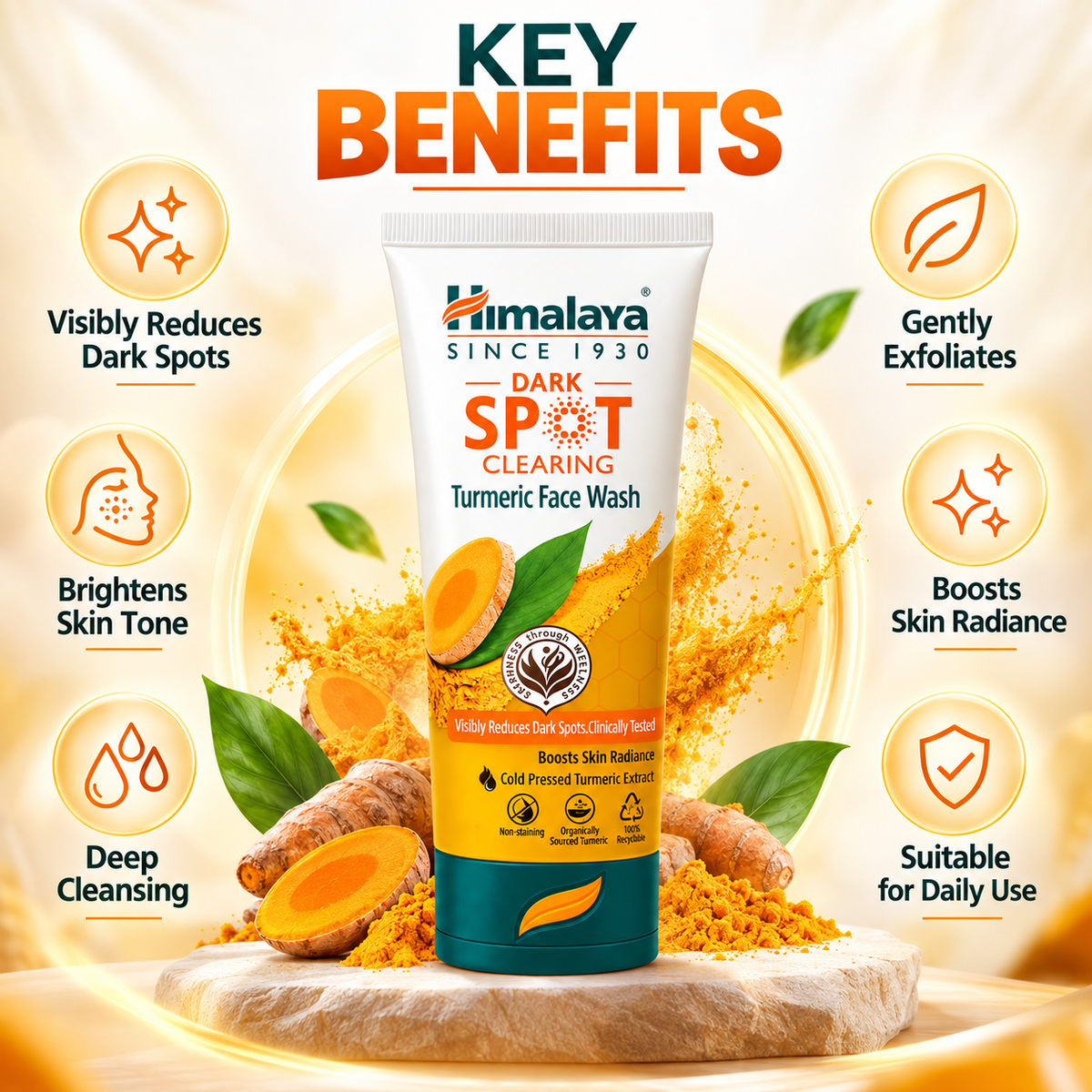 Himalaya Dark Spot Clearing Turmeric Face Wash 100ml for visibly reducing dark spots and boosting skin radiance