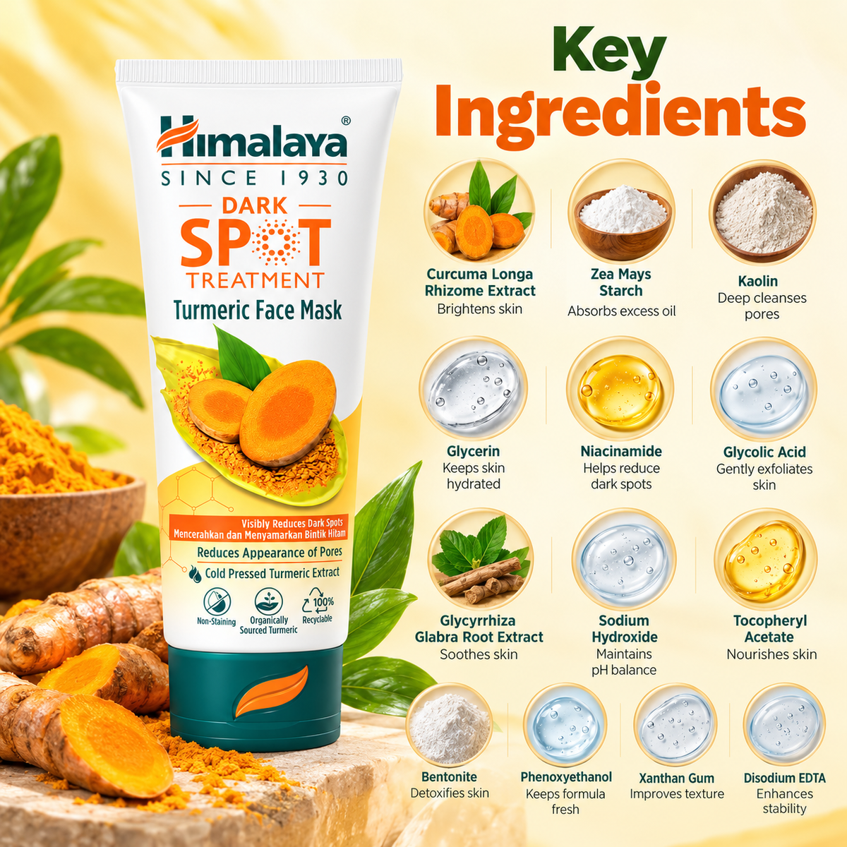 Himalaya Dark Spot Treatment Turmeric Face Mask for dark spots and visible pores, turmeric skincare treatment