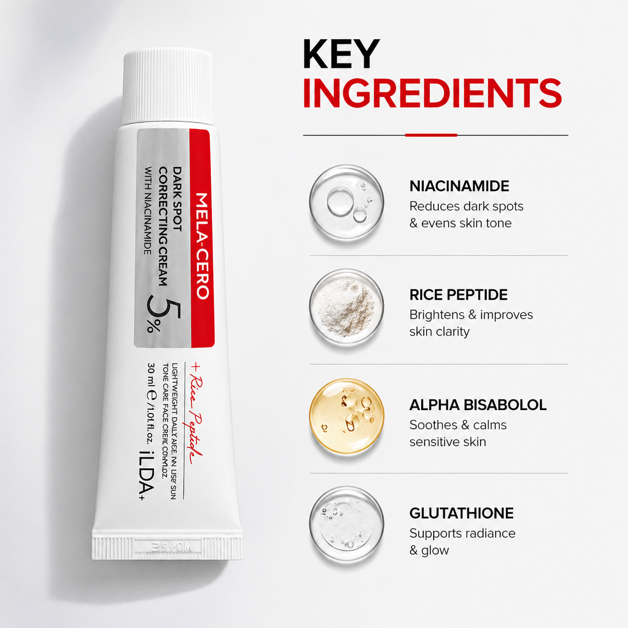 ILDA MELA CERO Dark Spot Correcting Cream 30ml tube with niacinamide for reducing pigmentation and improving skin tone