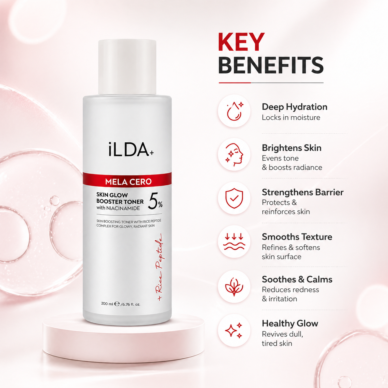 ILDA+ Mela Cero Skin Glow Booster Toner 5% 200ml brightening face toner with niacinamide for hydration and even skin tone