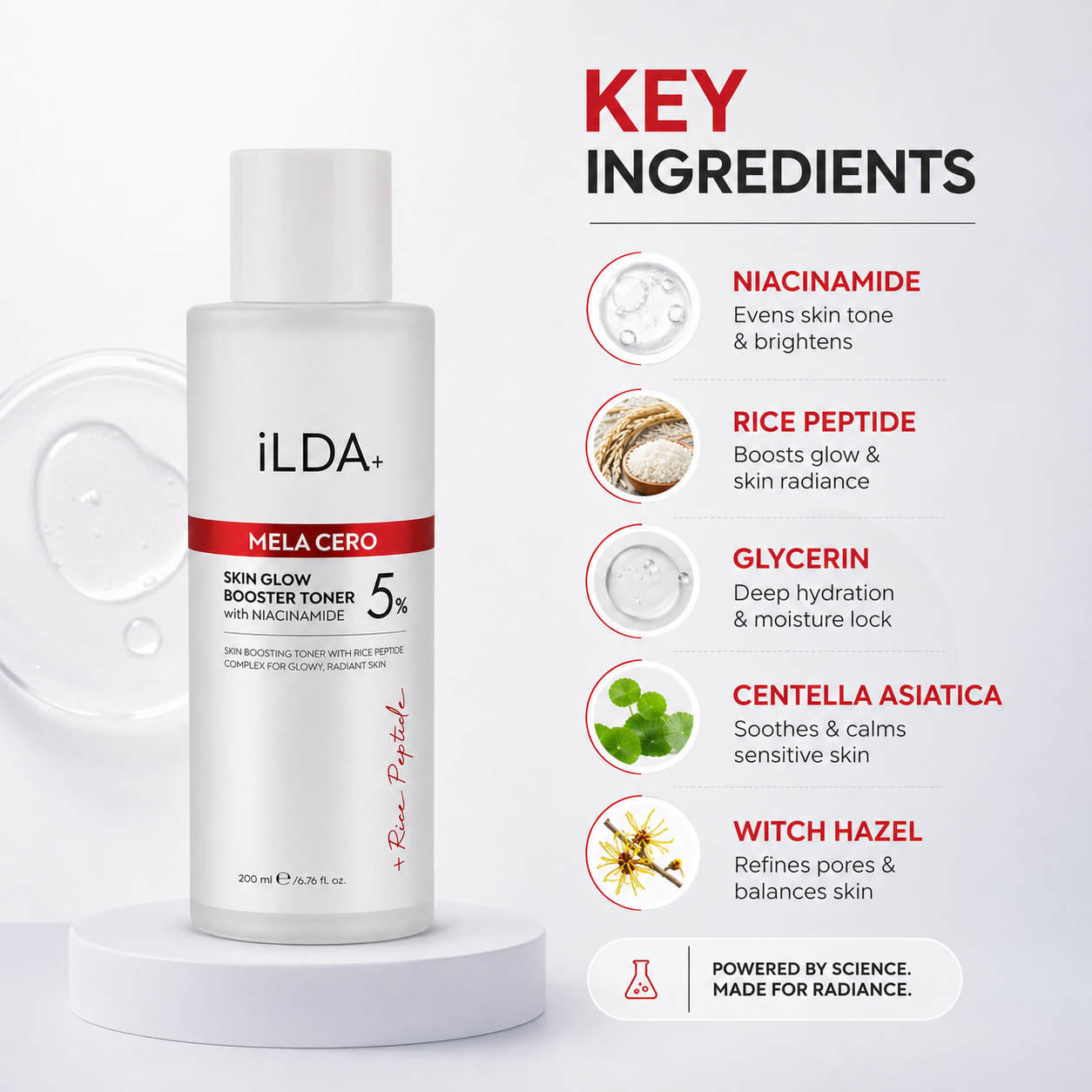 ILDA+ Mela Cero Skin Glow Booster Toner 5% 200ml brightening face toner with niacinamide for hydration and even skin tone
