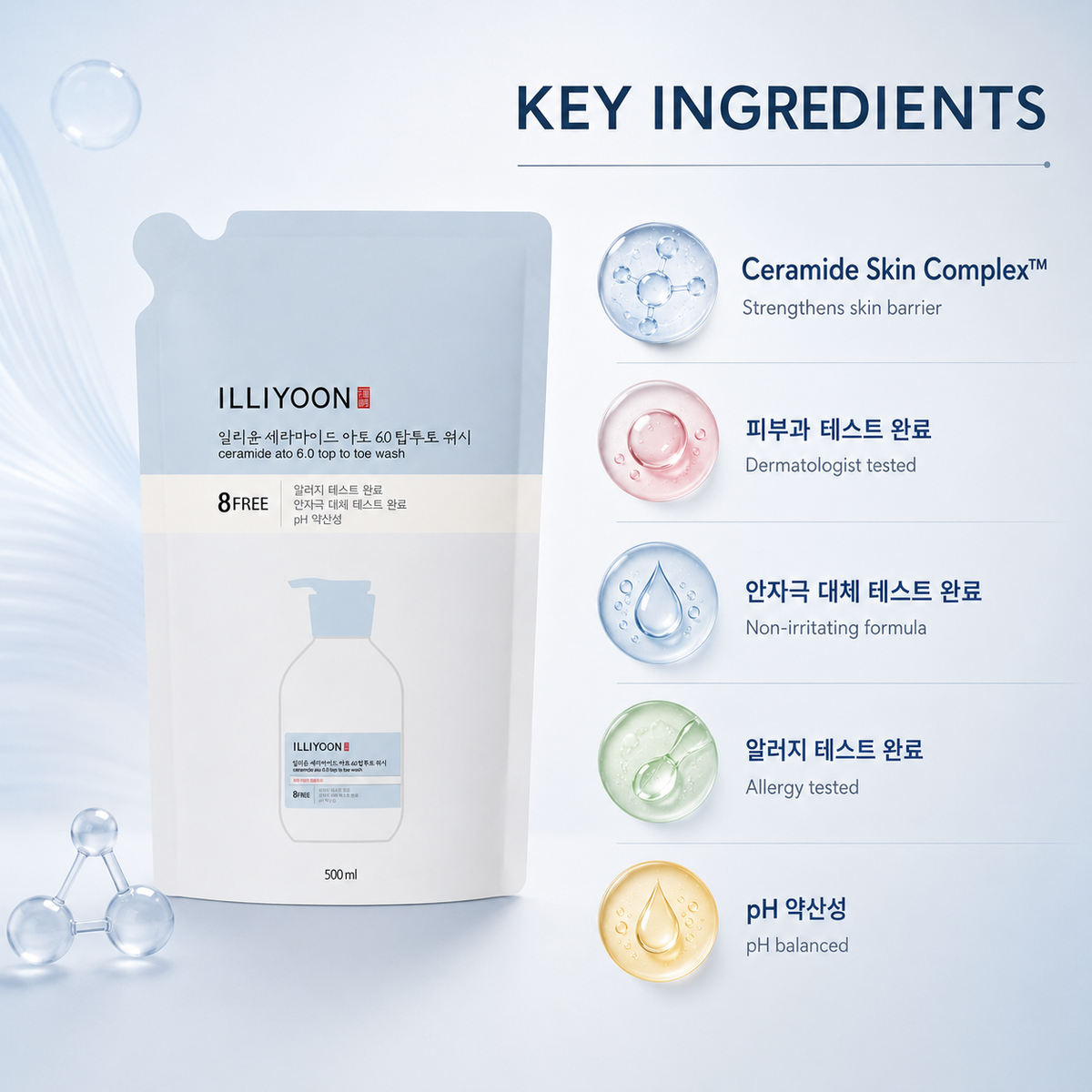 ILLIYOON Ceramide Ato 6.0 Top to Toe Wash body cleanser refill pouch 500ml for gentle sensitive skin care