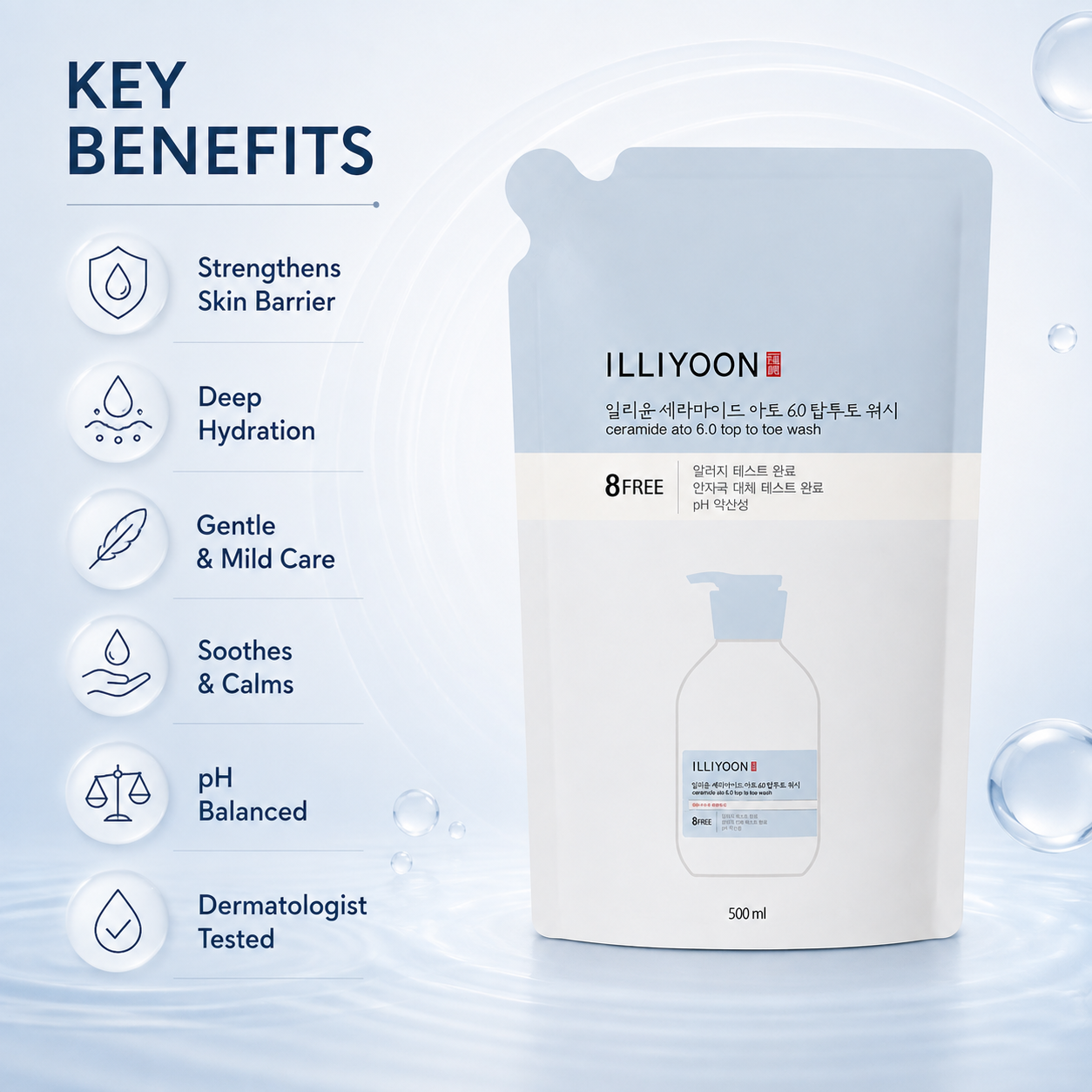 ILLIYOON Ceramide Ato 6.0 Top to Toe Wash body cleanser refill pouch 500ml for gentle sensitive skin care