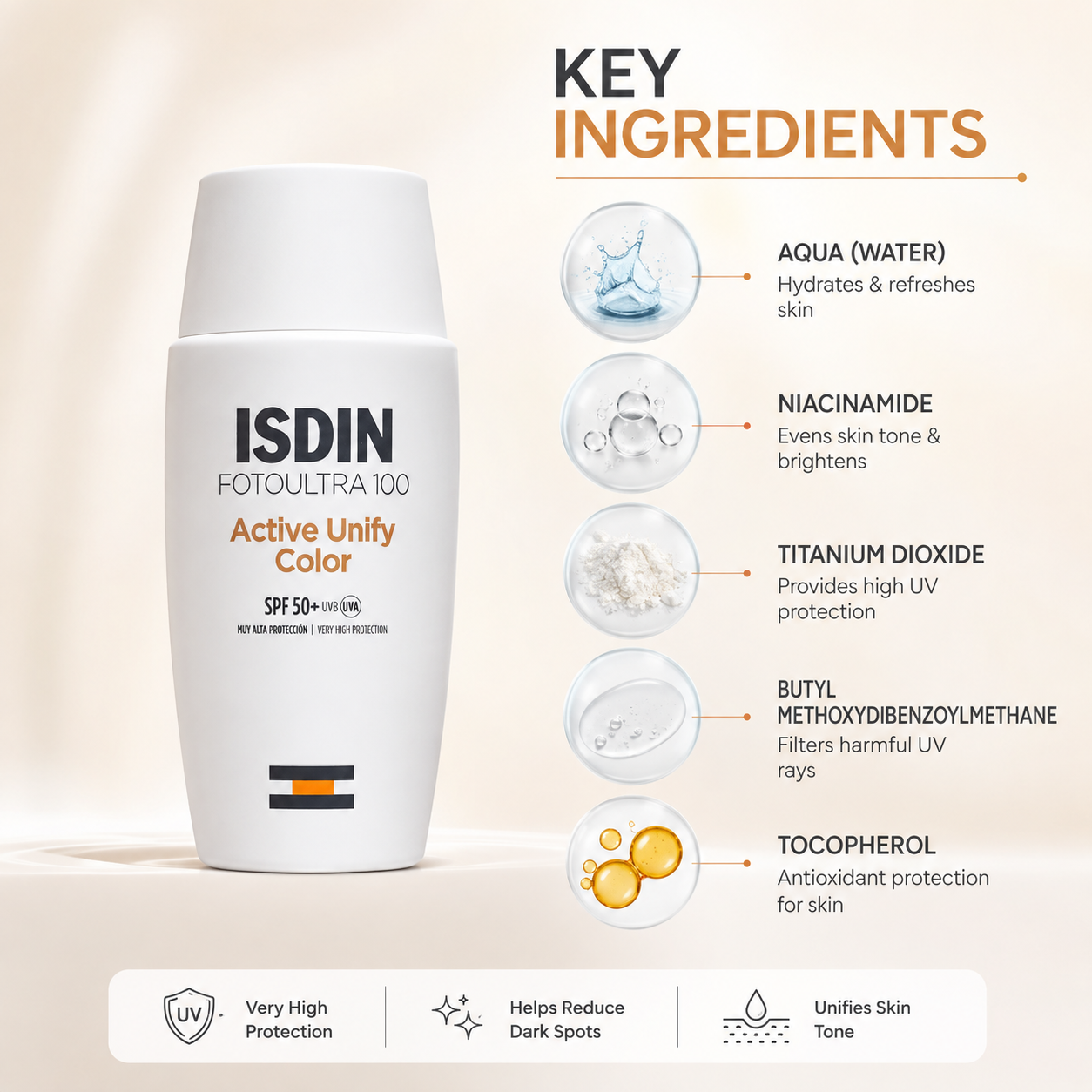 ISDIN FotoUltra 100 Active Unify Color SPF 50+ tinted facial sunscreen 50ml helping reduce pigmentation with broad-spectrum UV protection.