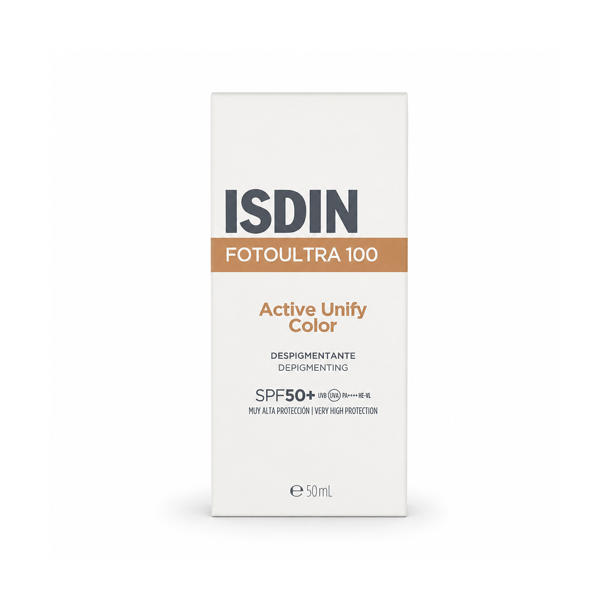 ISDIN FotoUltra 100 Active Unify Color SPF50+ tinted facial sunscreen 50ml helping protect against pigmentation and UV damage.