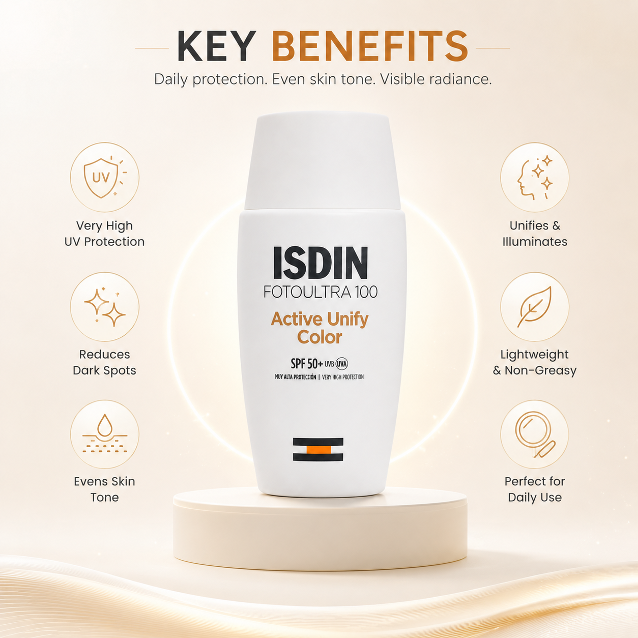 ISDIN FotoUltra 100 Active Unify Color SPF 50+ tinted facial sunscreen 50ml helping reduce pigmentation with broad-spectrum UV protection.