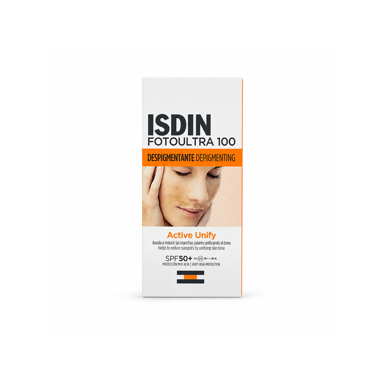 ISDIN FotoUltra 100 Active Unify DP3-Complex SPF50+ 50ml depigmenting facial sunscreen helping reduce dark spots with high UV protection.