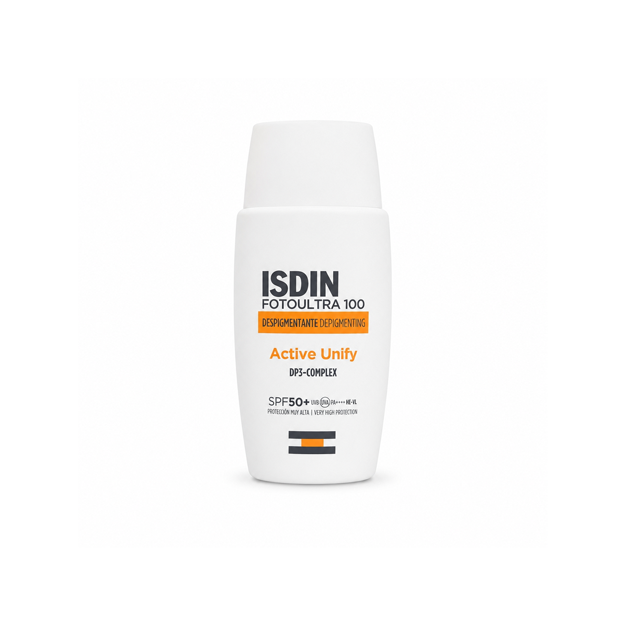 ISDIN FotoUltra 100 Active Unify DP3-Complex SPF50+ 50ml depigmenting facial sunscreen helping reduce dark spots with high UV protection.