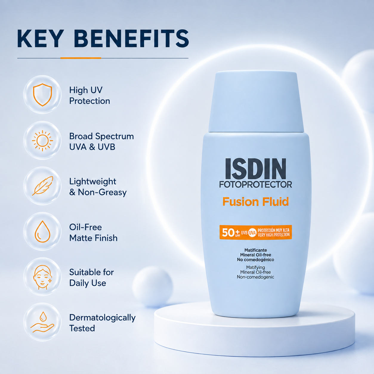 ISDIN Fotoprotector Fusion Fluid SPF 50+ facial sunscreen fluid 50ml with lightweight broad-spectrum UVA UVB protection and matte finish.