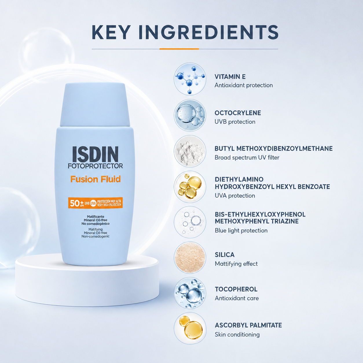 ISDIN Fotoprotector Fusion Fluid SPF 50+ facial sunscreen fluid 50ml with lightweight broad-spectrum UVA UVB protection and matte finish.