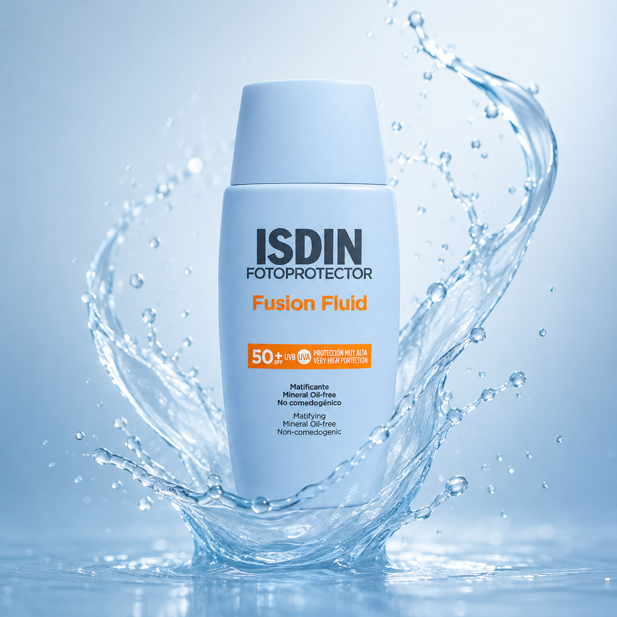 ISDIN Fotoprotector Fusion Fluid SPF 50+ facial sunscreen fluid 50ml with lightweight broad-spectrum UVA UVB protection and matte finish.