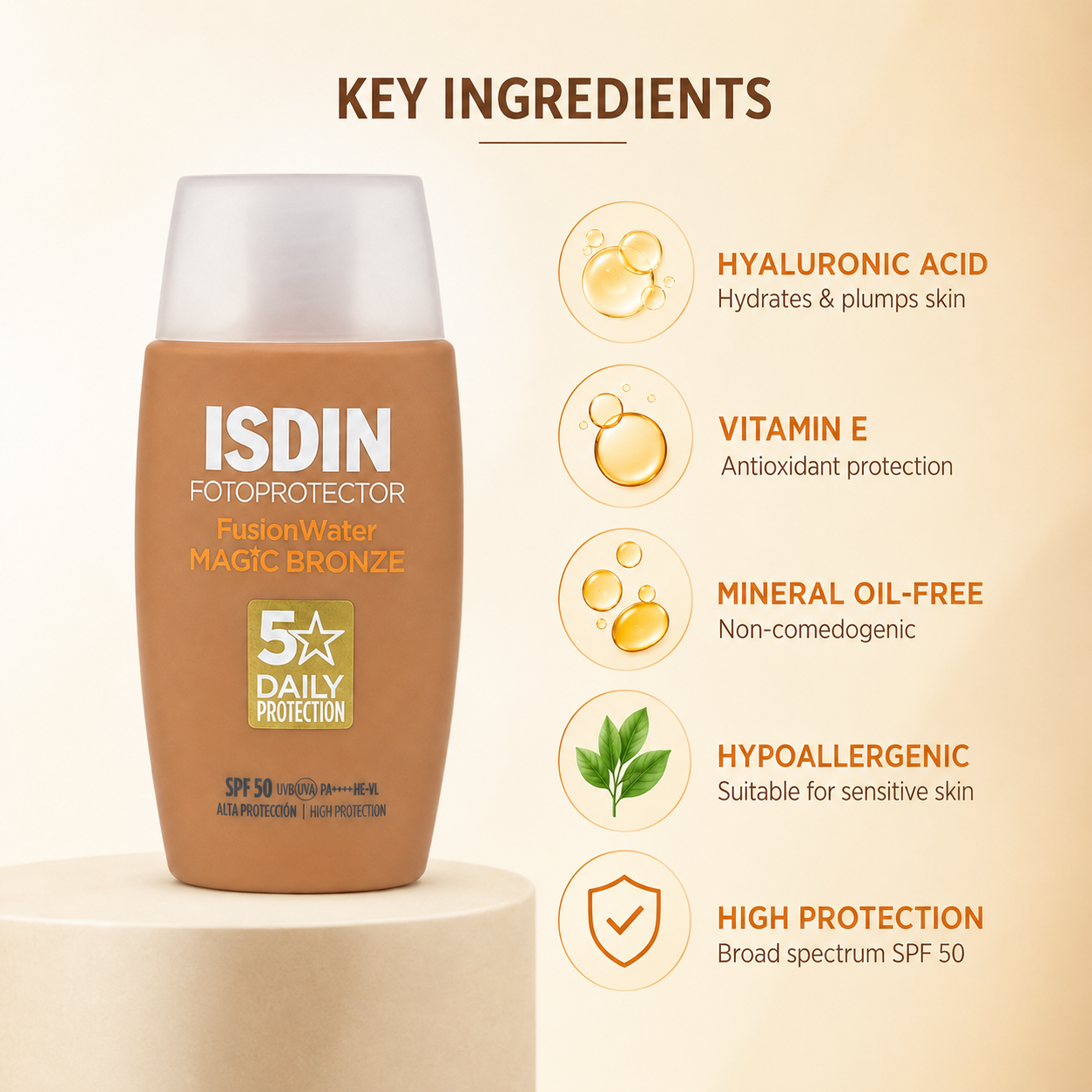 ISDIN Fotoprotector Fusion Water Magic Bronze SPF 50 tinted facial sunscreen 50ml providing broad-spectrum UV protection with a natural bronzed finish.