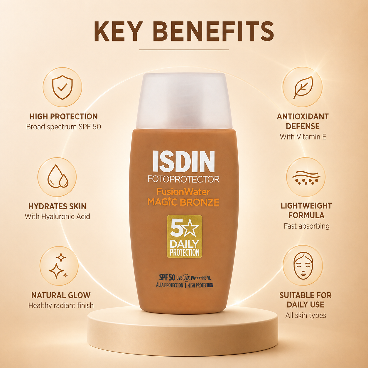 ISDIN Fotoprotector Fusion Water Magic Bronze SPF 50 tinted facial sunscreen 50ml providing broad-spectrum UV protection with a natural bronzed finish.