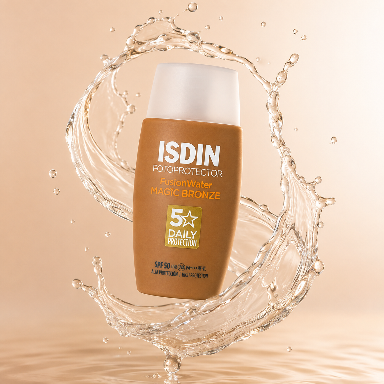 ISDIN Fotoprotector Fusion Water Magic Bronze SPF 50 tinted facial sunscreen 50ml providing broad-spectrum UV protection with a natural bronzed finish.