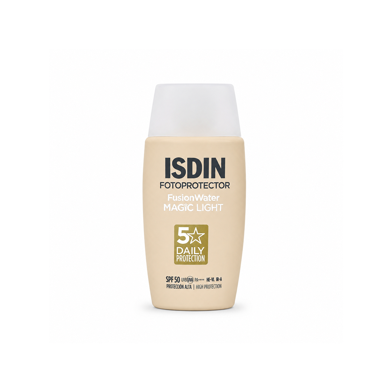 ISDIN Fotoprotector Fusion Water Magic Light SPF 50 tinted face sunscreen 50ml providing lightweight broad-spectrum daily UV protection and natural coverage.