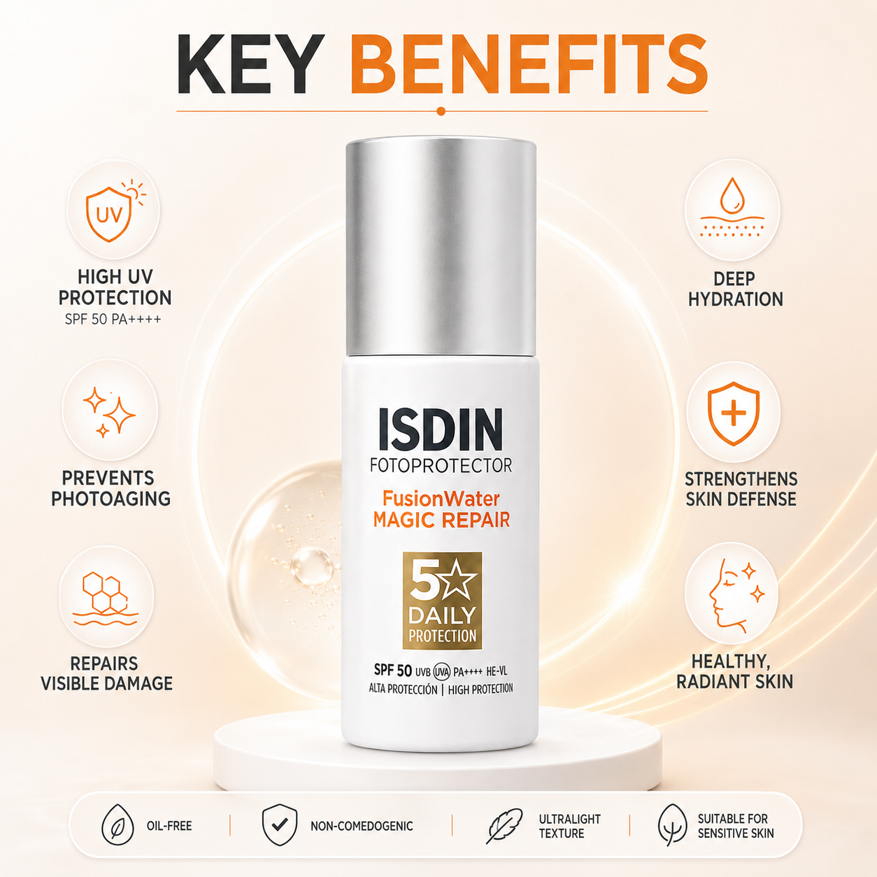 ISDIN Fotoprotector Fusion Water Magic Repair SPF 50 Daily Facial Sunscreen 1 + 1 Offer 2 × 50ml with lightweight anti-photoaging protection