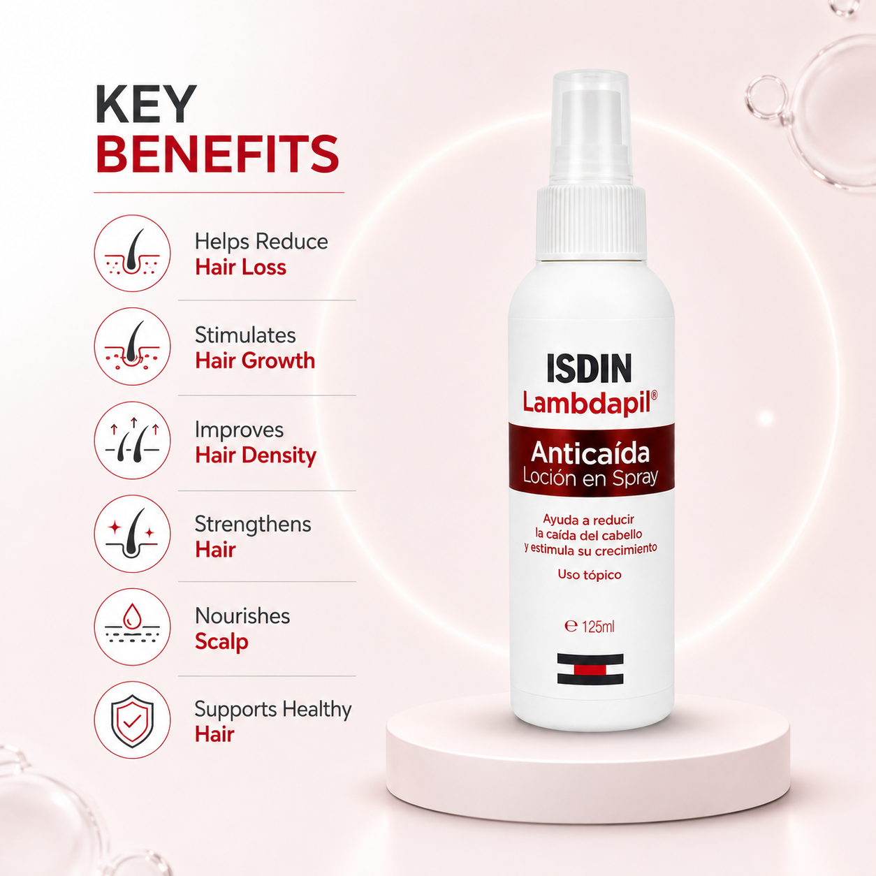 ISDIN Lambdapil Anti-Hair Loss Lotion Spray 125ml for reducing hair loss and promoting healthier, fuller-looking hair.