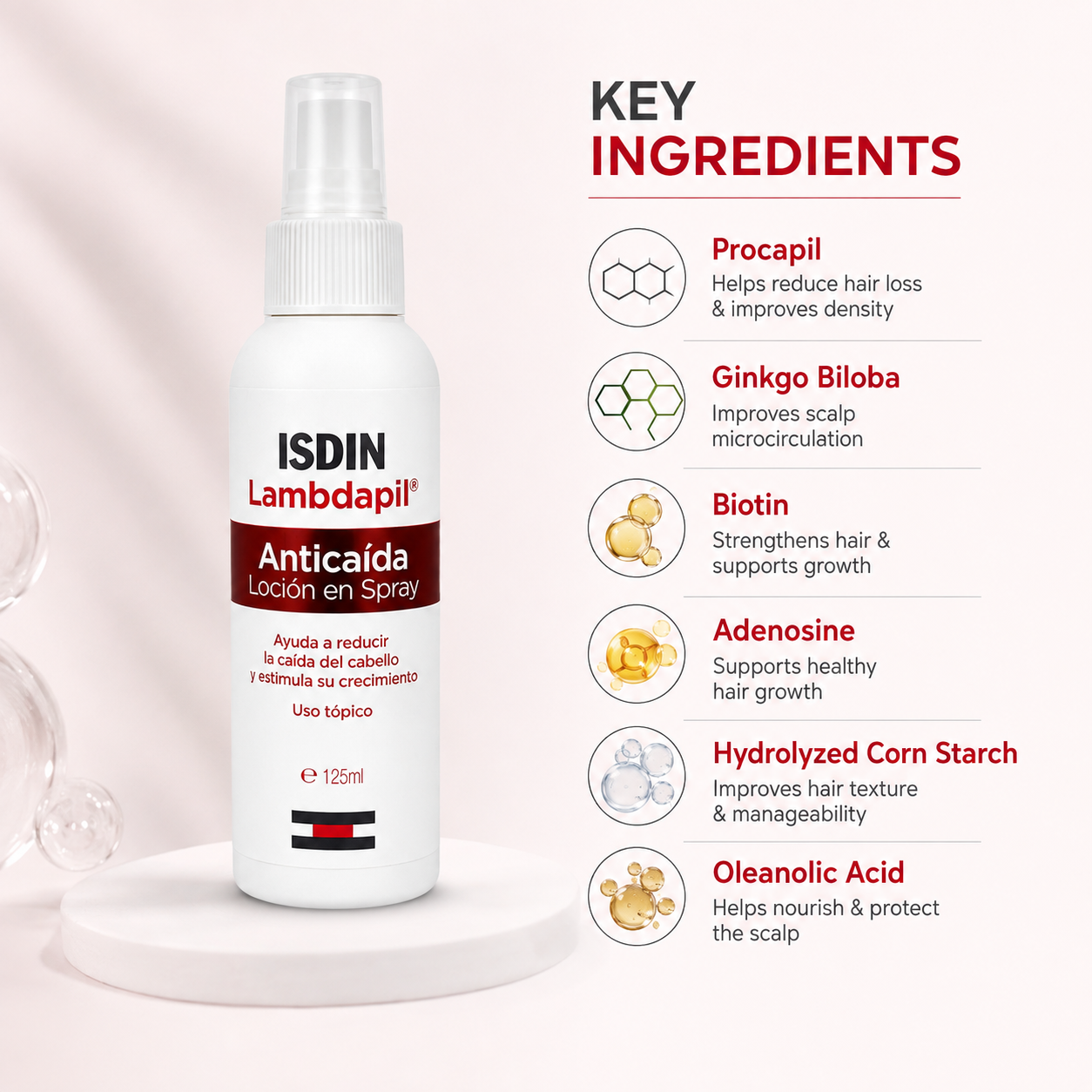ISDIN Lambdapil Anti-Hair Loss Lotion Spray 125ml for reducing hair loss and promoting healthier, fuller-looking hair.