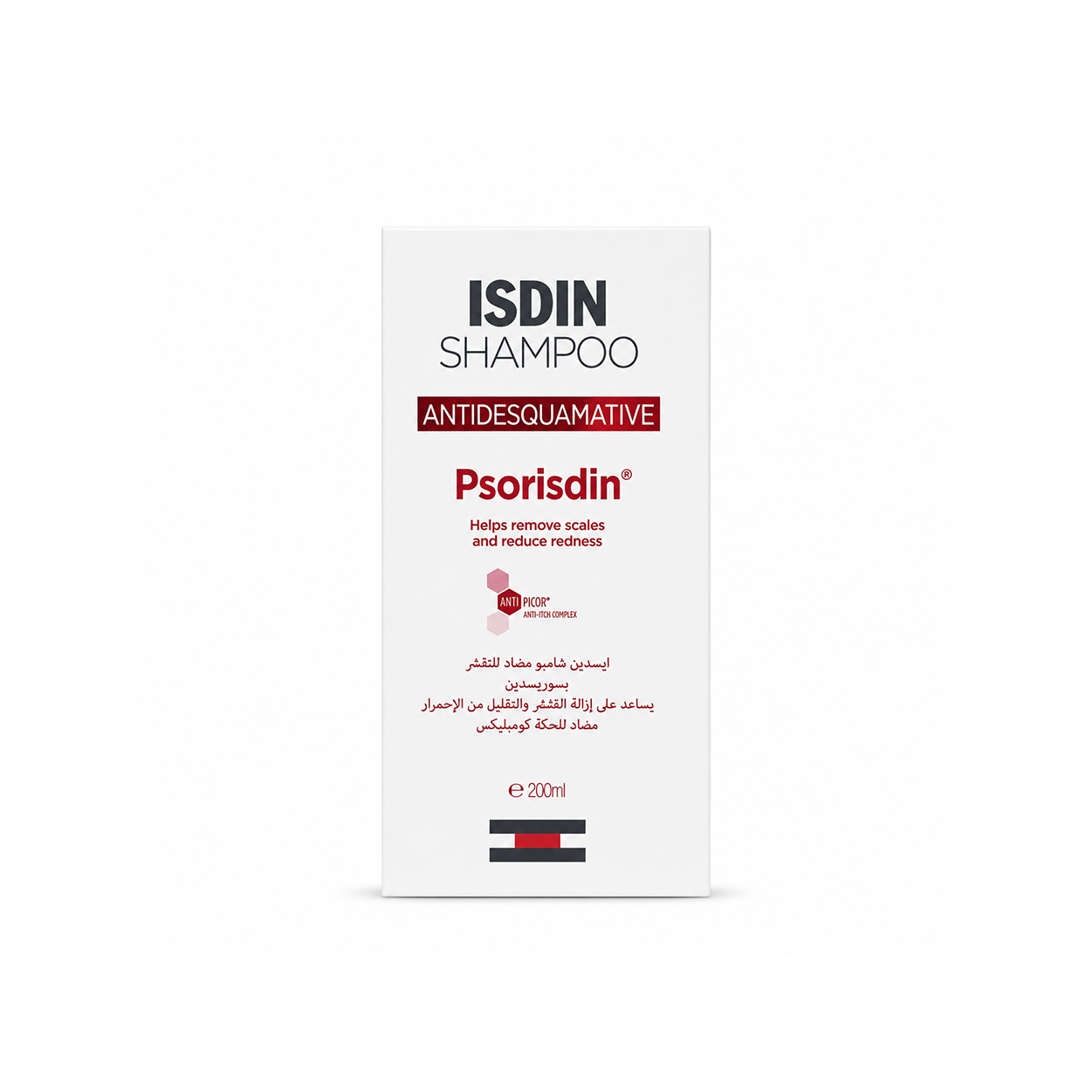 ISDIN Psorisdin Shampoo Antidesquamative 200ml anti-scaling shampoo bottle helps remove scalp scales and relieve itching.