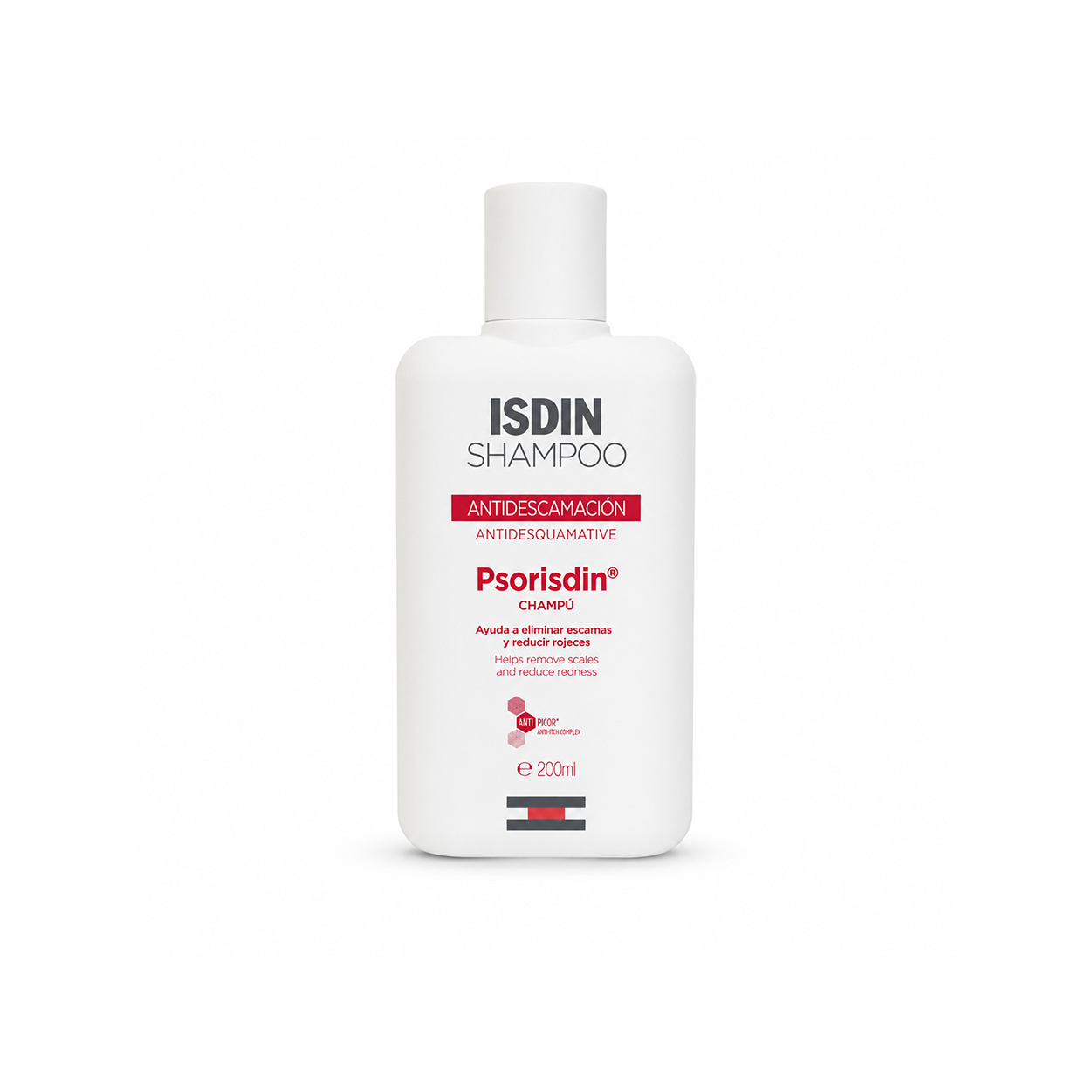 ISDIN Psorisdin Shampoo Antidesquamative 200ml anti-scaling shampoo bottle helps remove scalp scales and relieve itching.