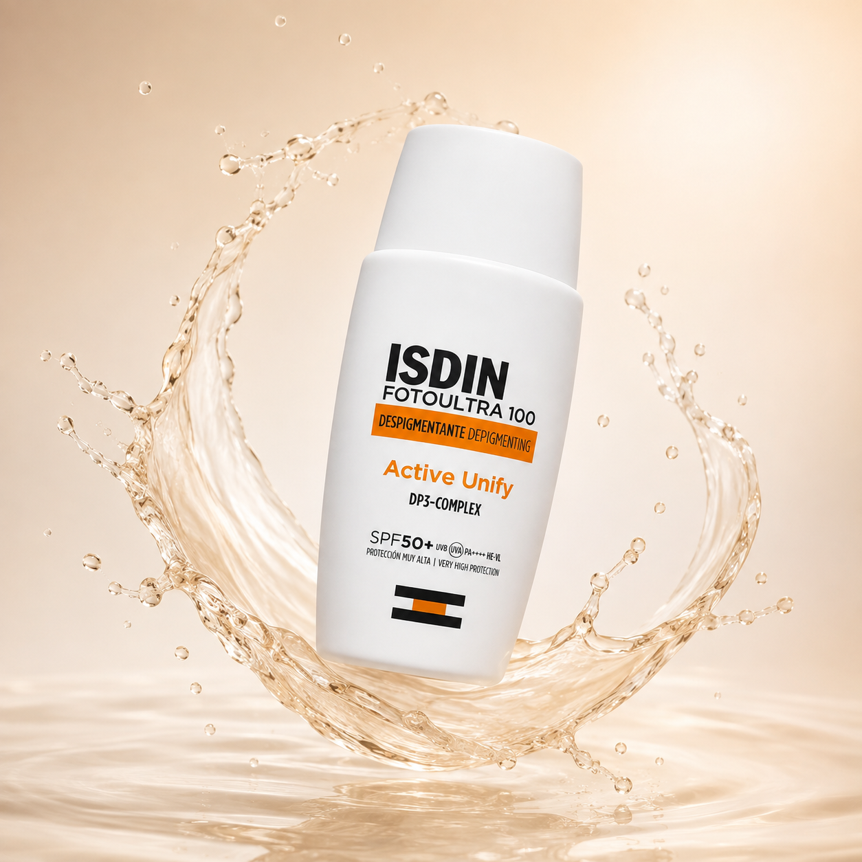 ISDIN FotoUltra 100 Active Unify DP3-Complex SPF50+ 50ml depigmenting facial sunscreen helping reduce dark spots with high UV protection.