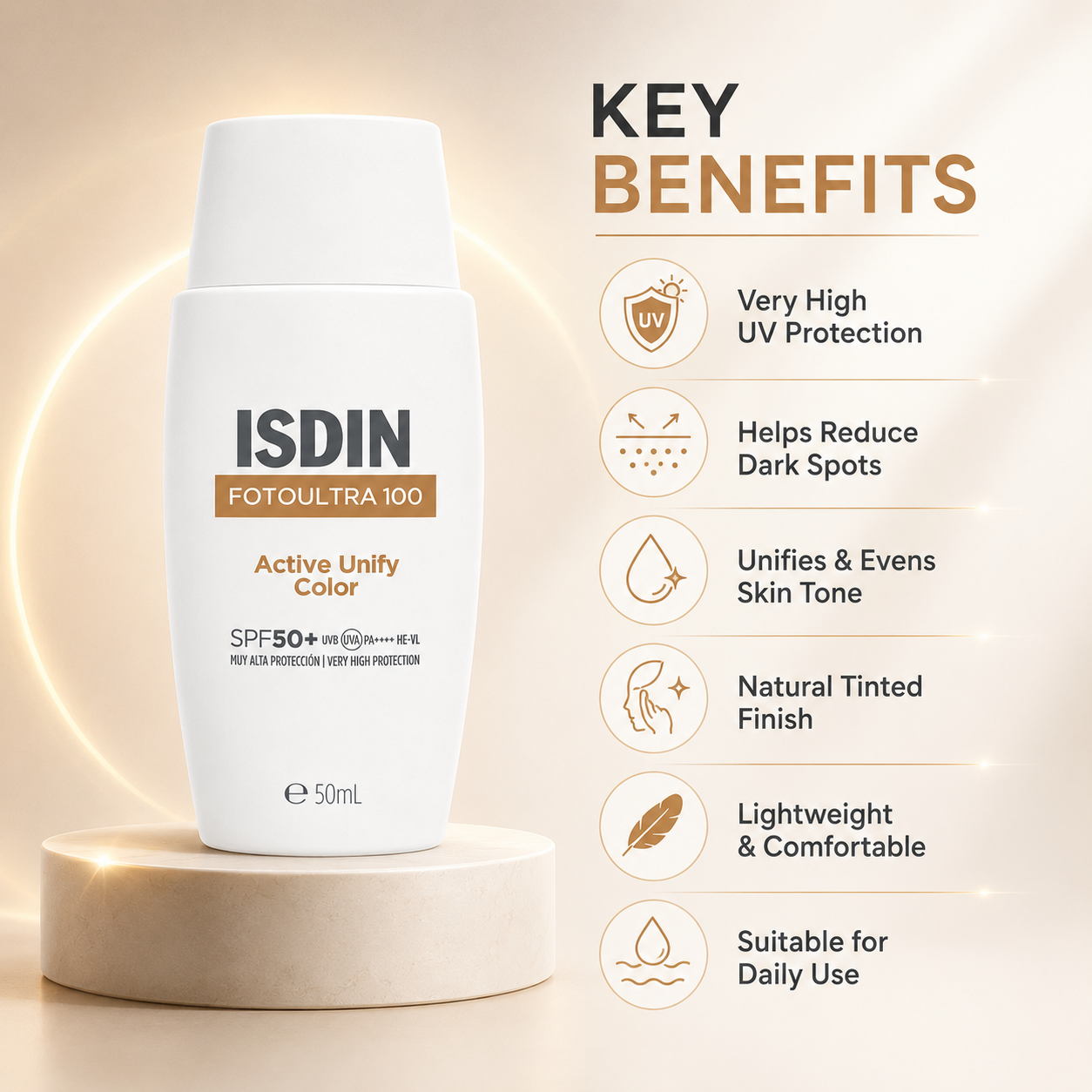 ISDIN FotoUltra 100 Active Unify Color SPF50+ tinted facial sunscreen 50ml helping protect against pigmentation and UV damage.