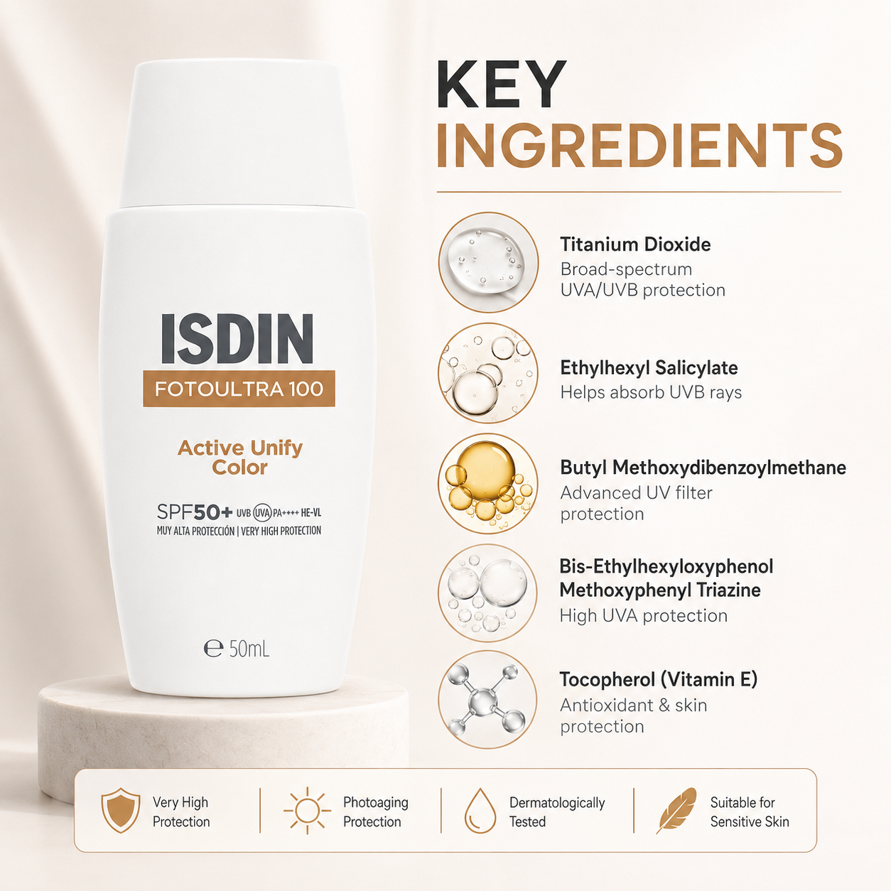 ISDIN FotoUltra 100 Active Unify Color SPF50+ tinted facial sunscreen 50ml helping protect against pigmentation and UV damage.