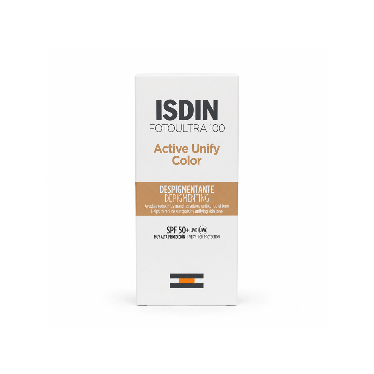 ISDIN FotoUltra 100 Active Unify Color SPF 50+ tinted facial sunscreen 50ml helping reduce pigmentation with broad-spectrum UV protection.