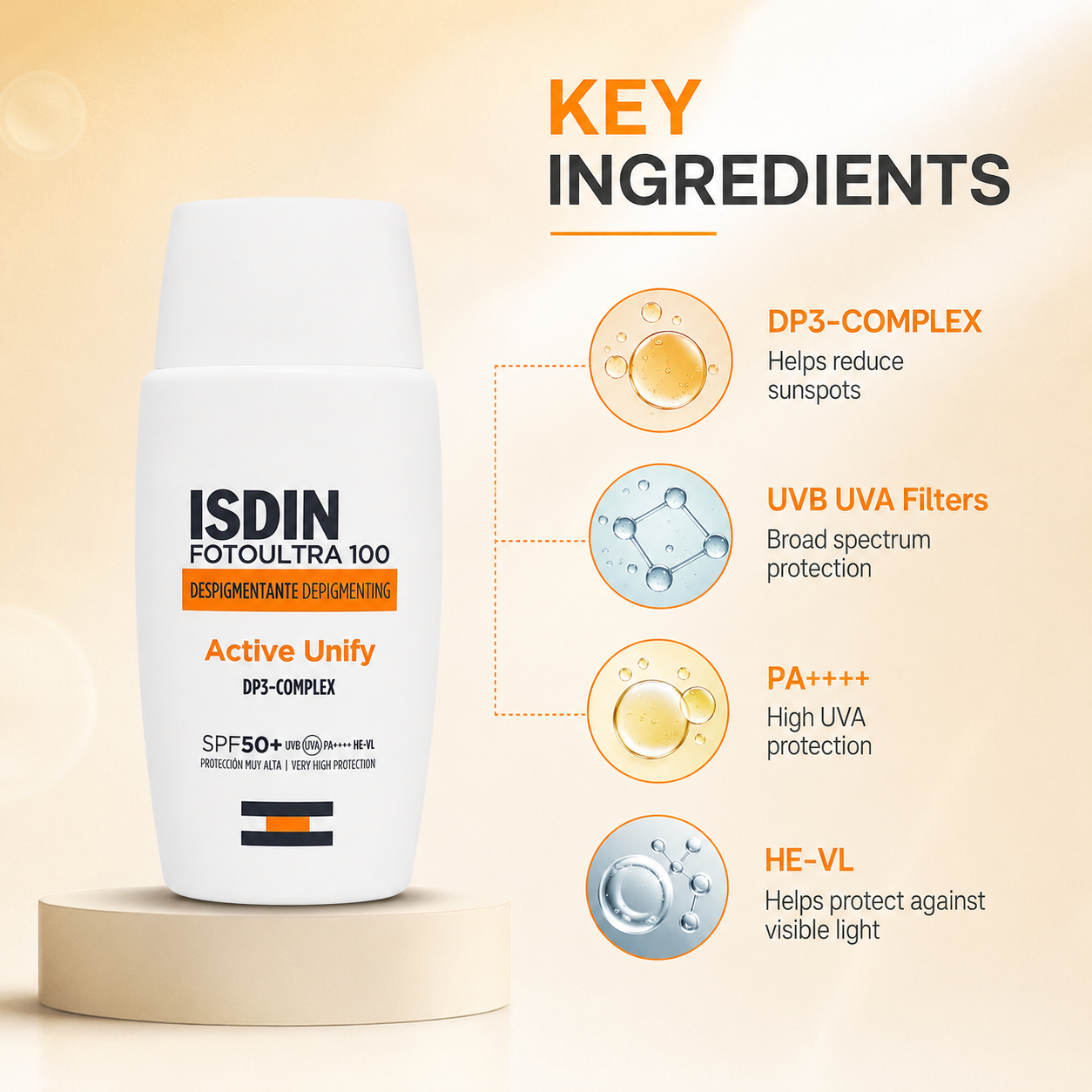 ISDIN FotoUltra 100 Active Unify DP3-Complex SPF50+ 50ml depigmenting facial sunscreen helping reduce dark spots with high UV protection.