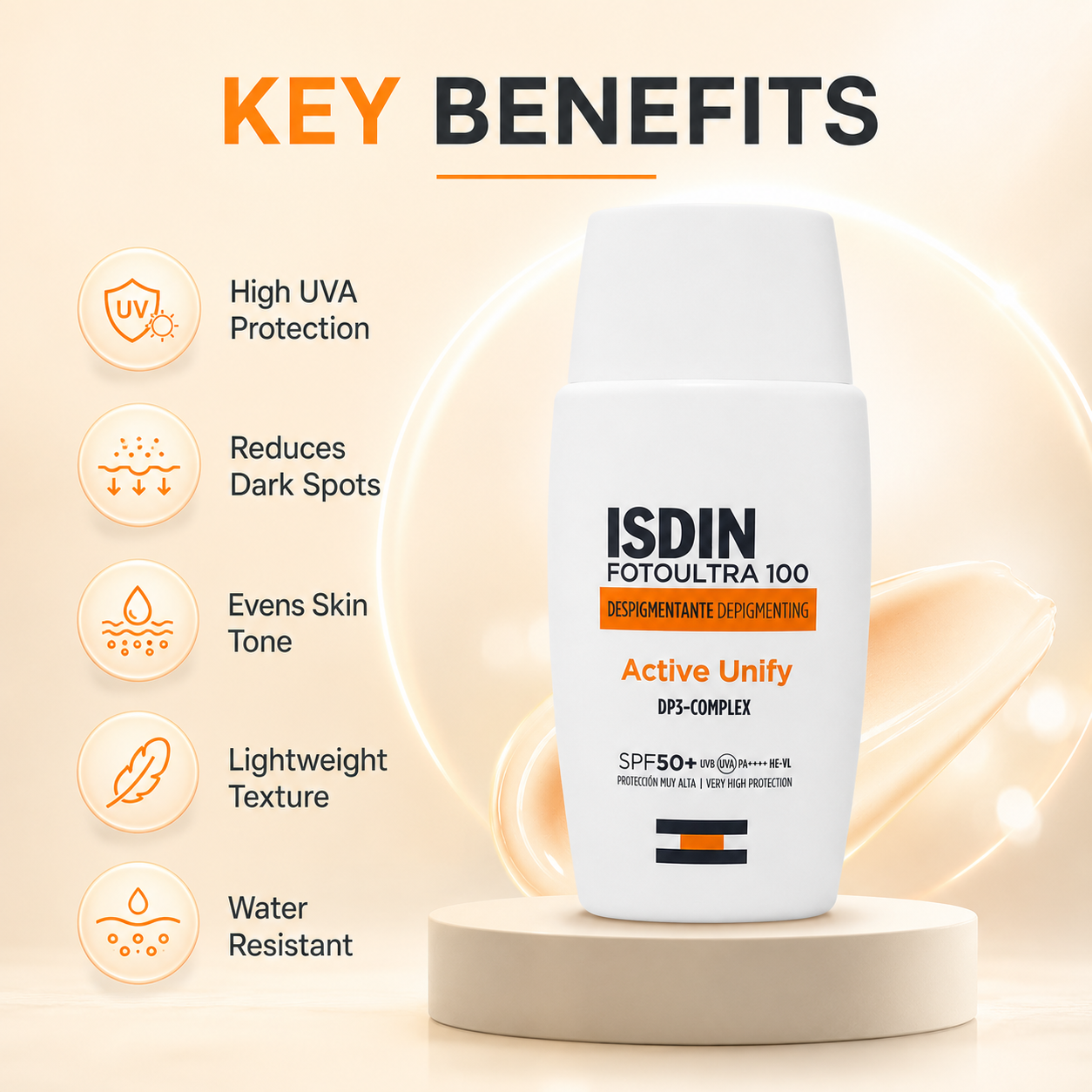 ISDIN FotoUltra 100 Active Unify DP3-Complex SPF50+ 50ml depigmenting facial sunscreen helping reduce dark spots with high UV protection.