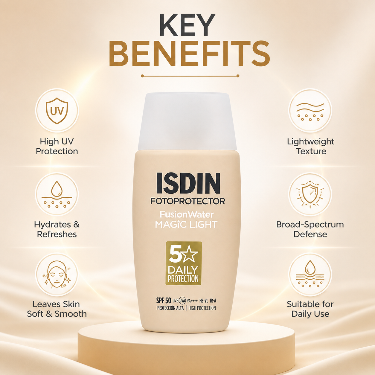 ISDIN Fotoprotector Fusion Water Magic Light SPF 50 tinted face sunscreen 50ml providing lightweight broad-spectrum daily UV protection and natural coverage.