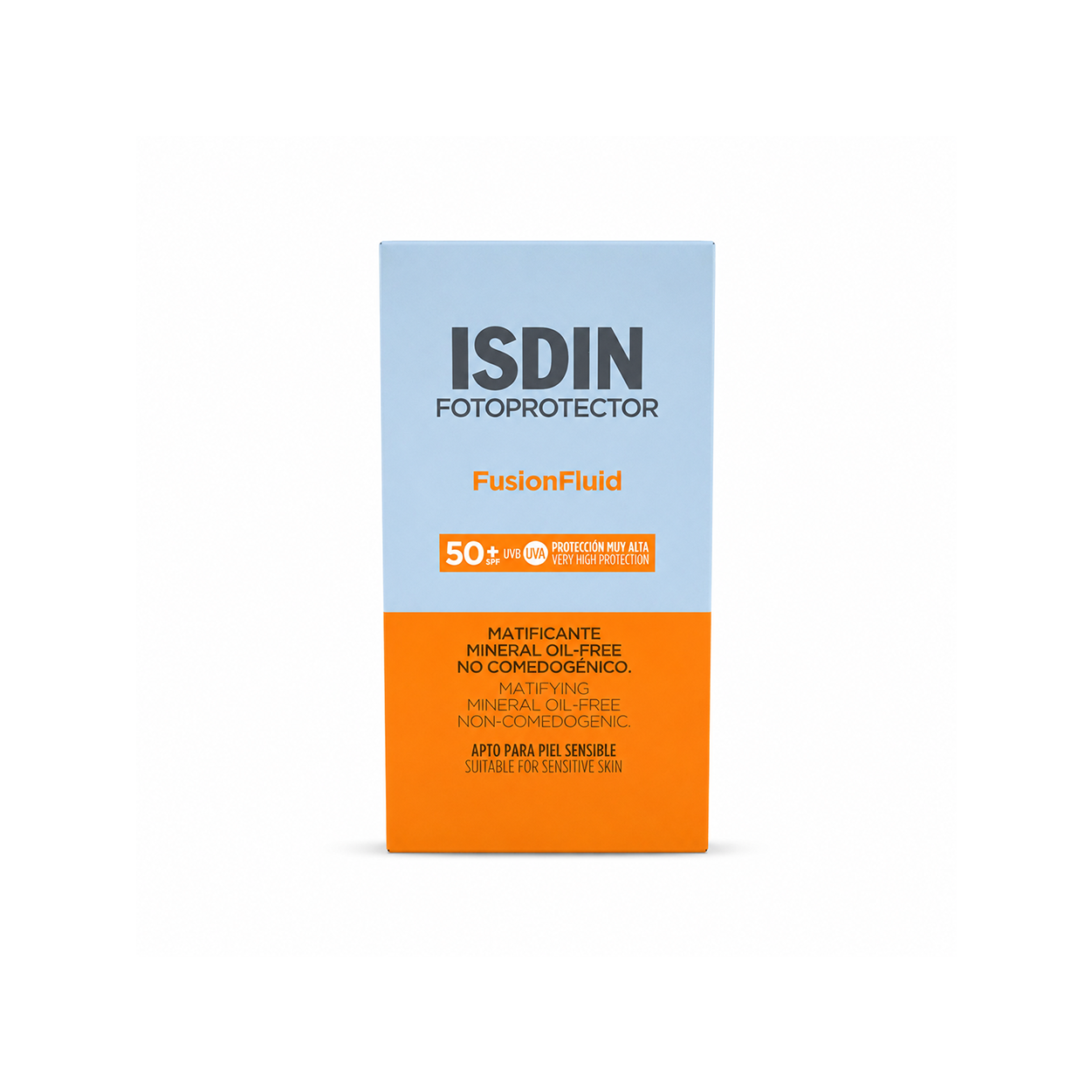 ISDIN Fotoprotector Fusion Fluid SPF 50+ facial sunscreen fluid 50ml with lightweight broad-spectrum UVA UVB protection and matte finish.