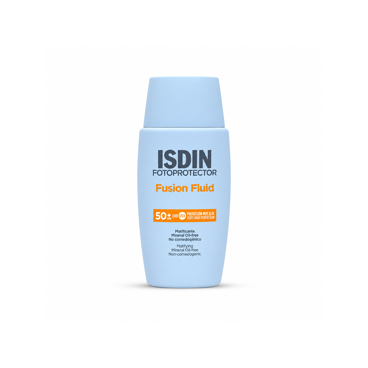 ISDIN Fotoprotector Fusion Fluid SPF 50+ facial sunscreen fluid 50ml with lightweight broad-spectrum UVA UVB protection and matte finish.