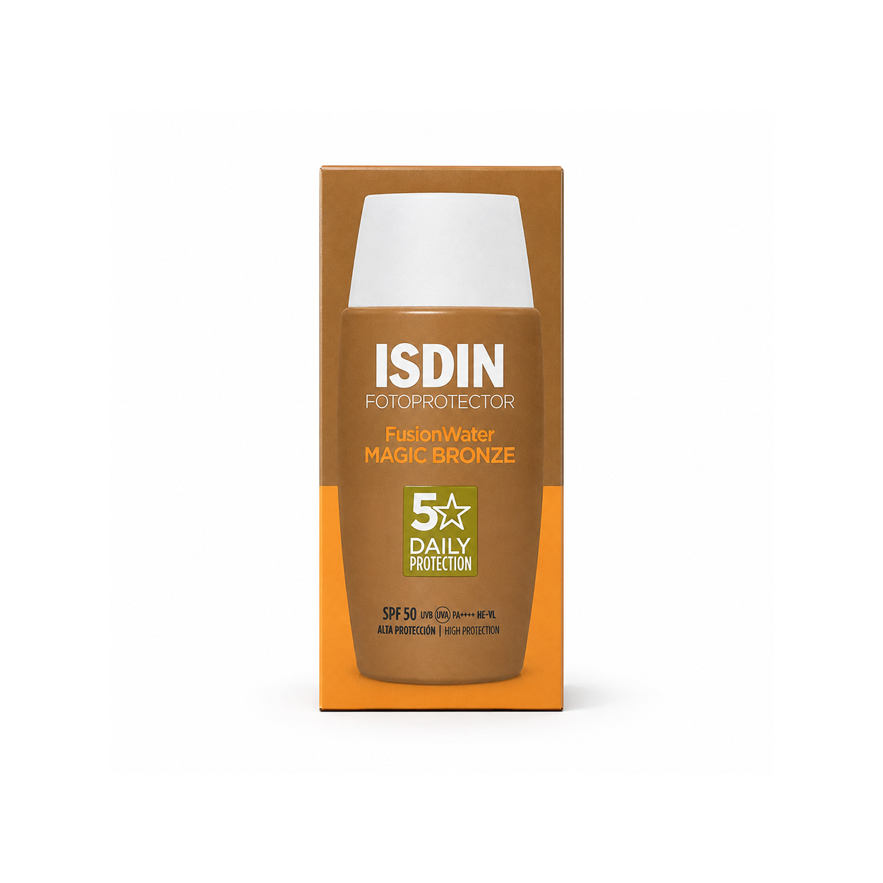 ISDIN Fotoprotector Fusion Water Magic Bronze SPF 50 tinted facial sunscreen 50ml providing broad-spectrum UV protection with a natural bronzed finish.