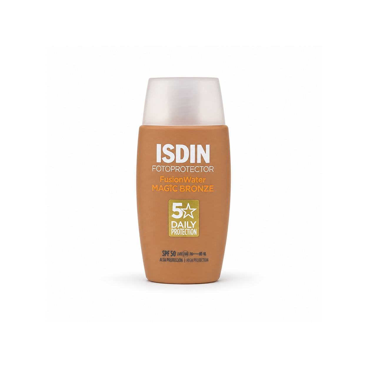 ISDIN Fotoprotector Fusion Water Magic Bronze SPF 50 tinted facial sunscreen 50ml providing broad-spectrum UV protection with a natural bronzed finish.