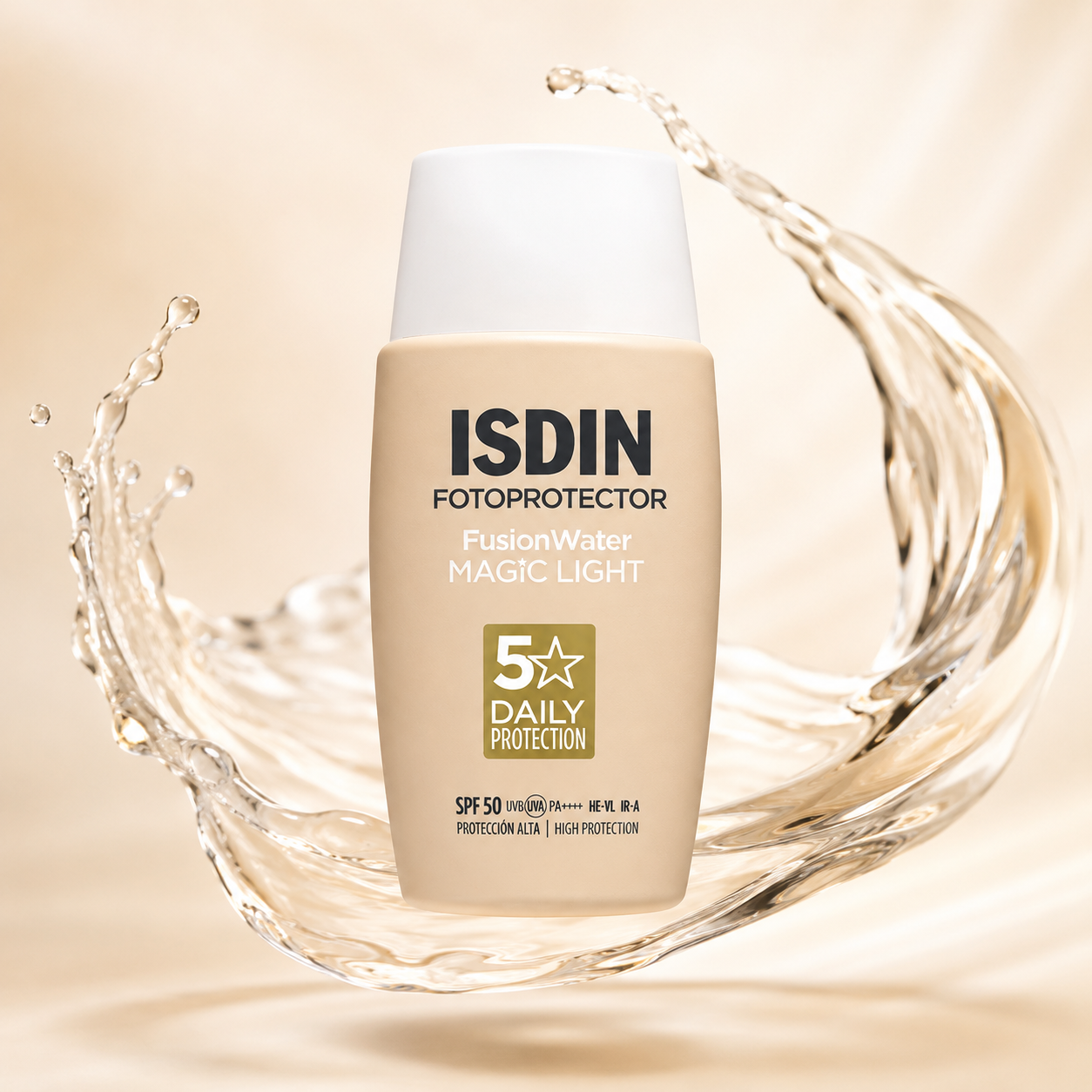 ISDIN Fotoprotector Fusion Water Magic Light SPF 50 tinted face sunscreen 50ml providing lightweight broad-spectrum daily UV protection and natural coverage.