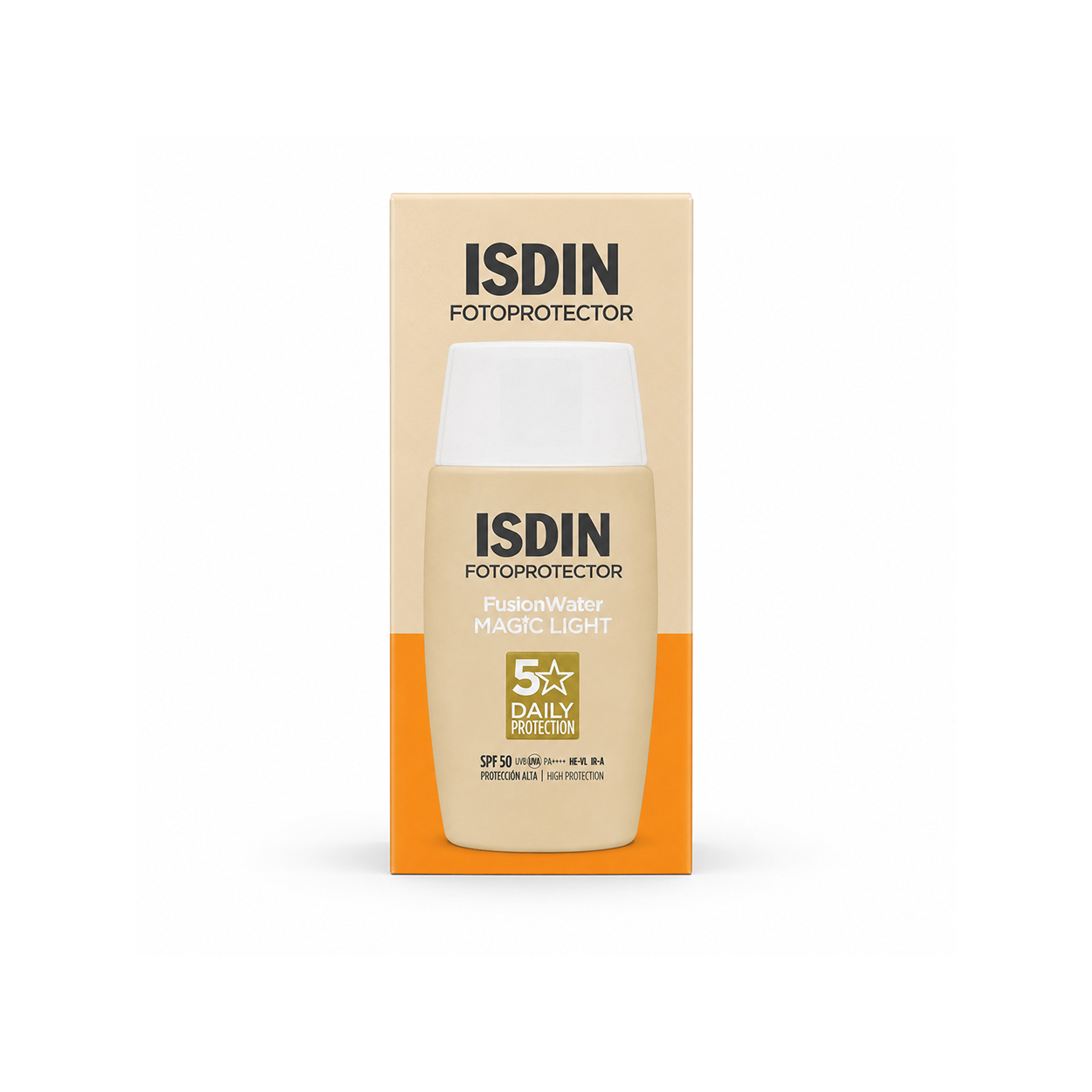 ISDIN Fotoprotector Fusion Water Magic Light SPF 50 tinted face sunscreen 50ml providing lightweight broad-spectrum daily UV protection and natural coverage.