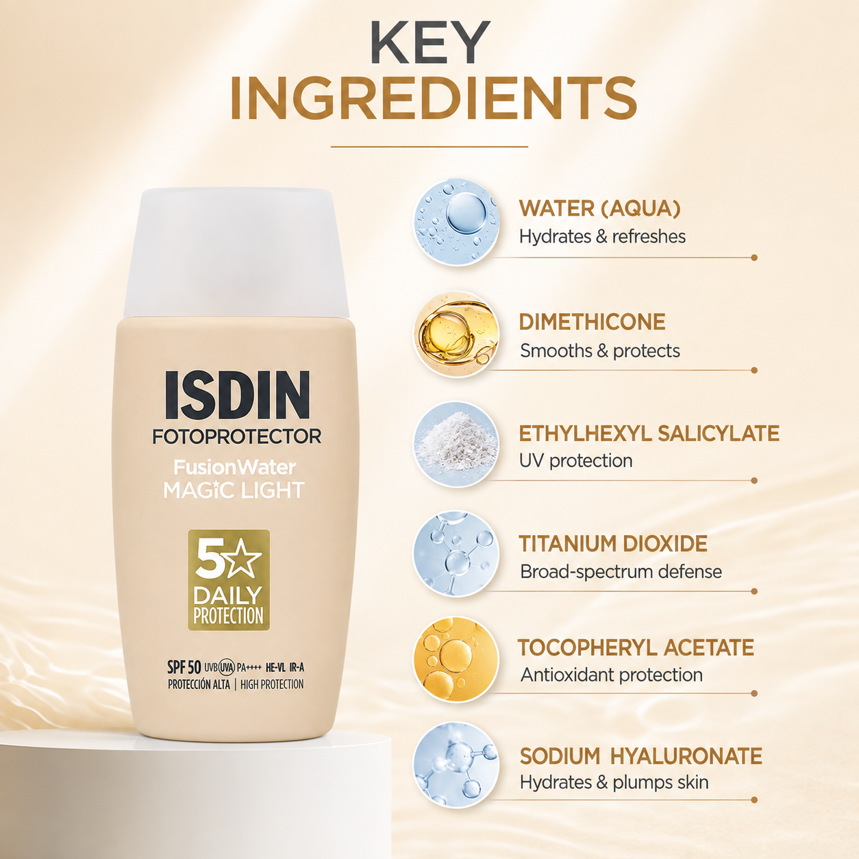 ISDIN Fotoprotector Fusion Water Magic Light SPF 50 tinted face sunscreen 50ml providing lightweight broad-spectrum daily UV protection and natural coverage.