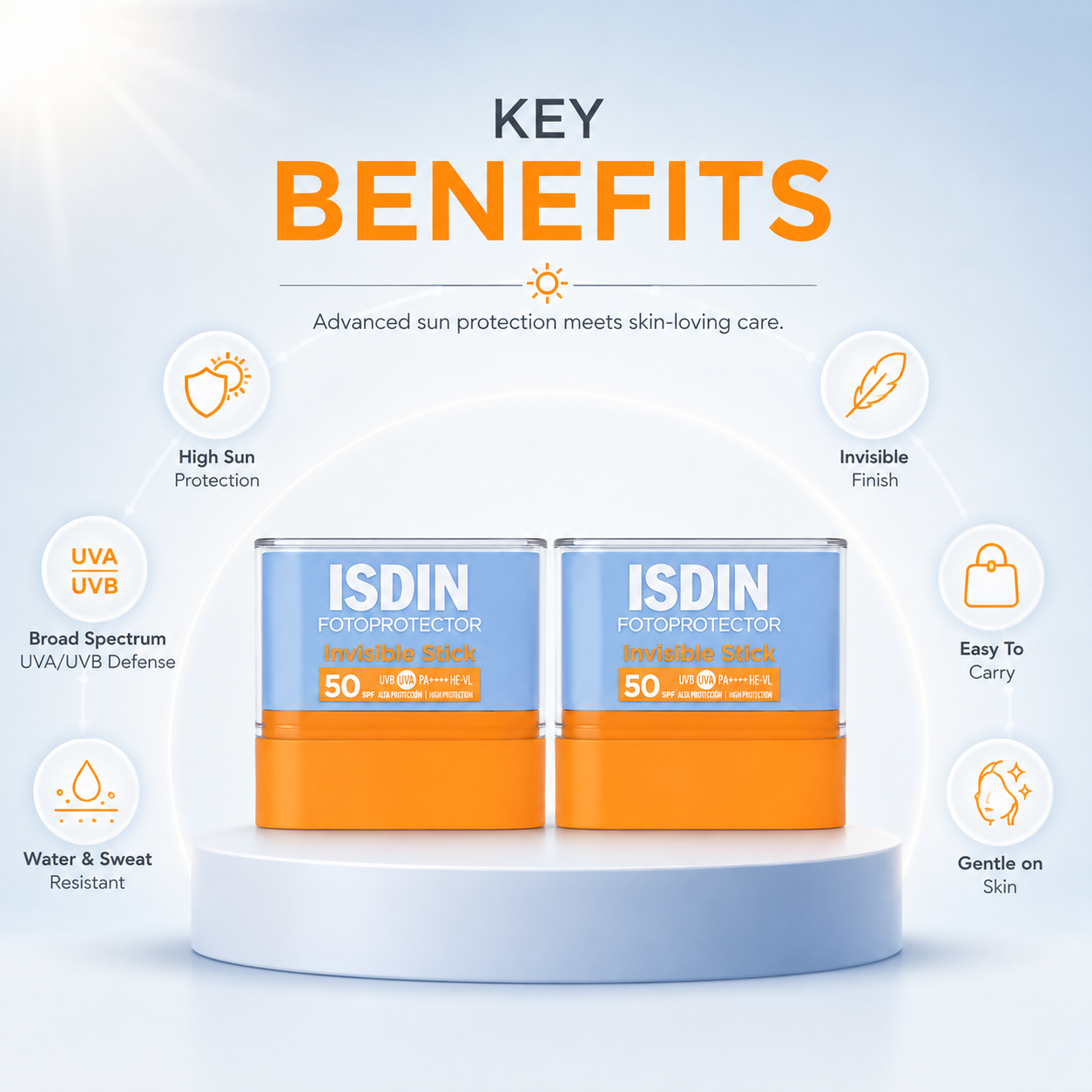 ISDIN Fotoprotector Invisible Stick SPF 50 sunscreen stick 10g with invisible finish for broad-spectrum UVA/UVB daily sun protection.