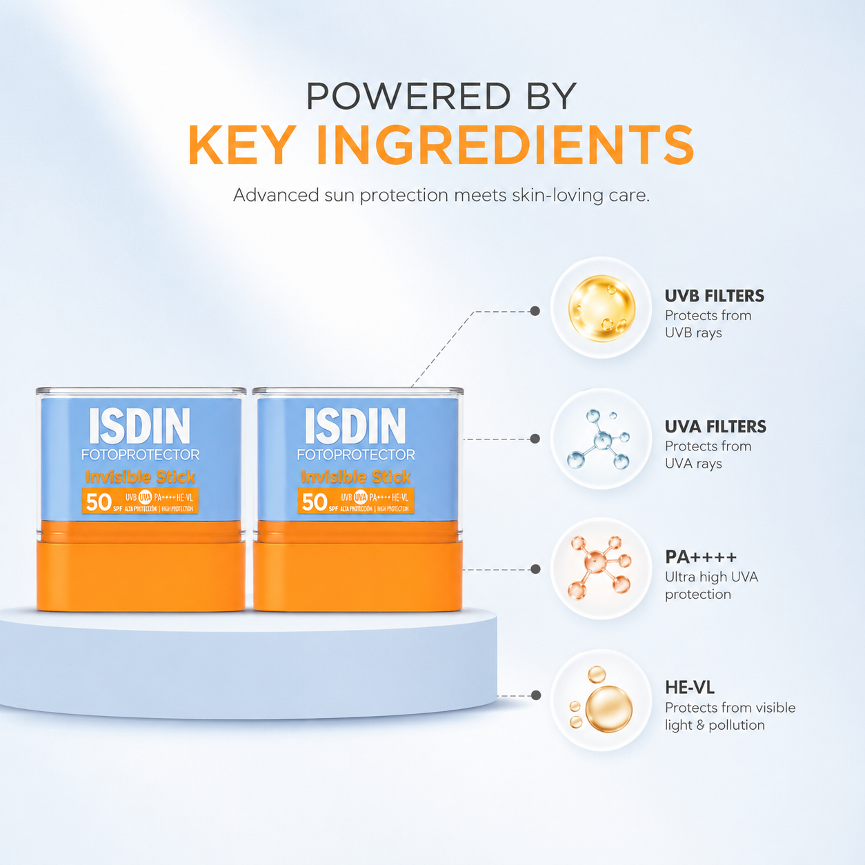 ISDIN Fotoprotector Invisible Stick SPF 50 sunscreen stick 10g with invisible finish for broad-spectrum UVA/UVB daily sun protection.