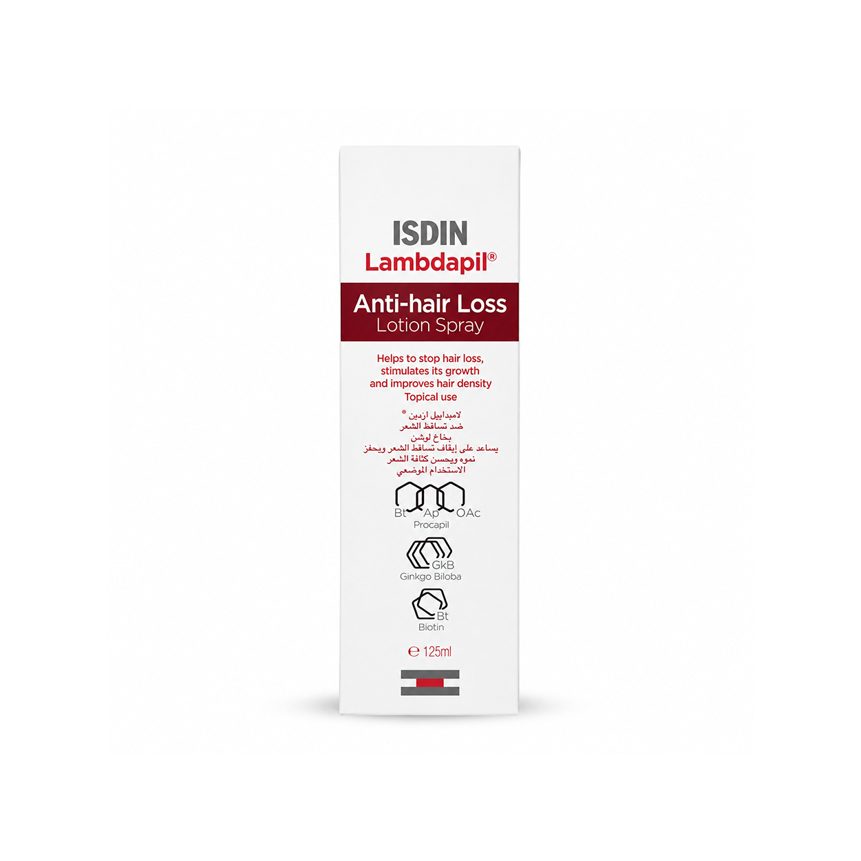 ISDIN Lambdapil Anti-Hair Loss Lotion Spray 125ml for reducing hair loss and promoting healthier, fuller-looking hair.