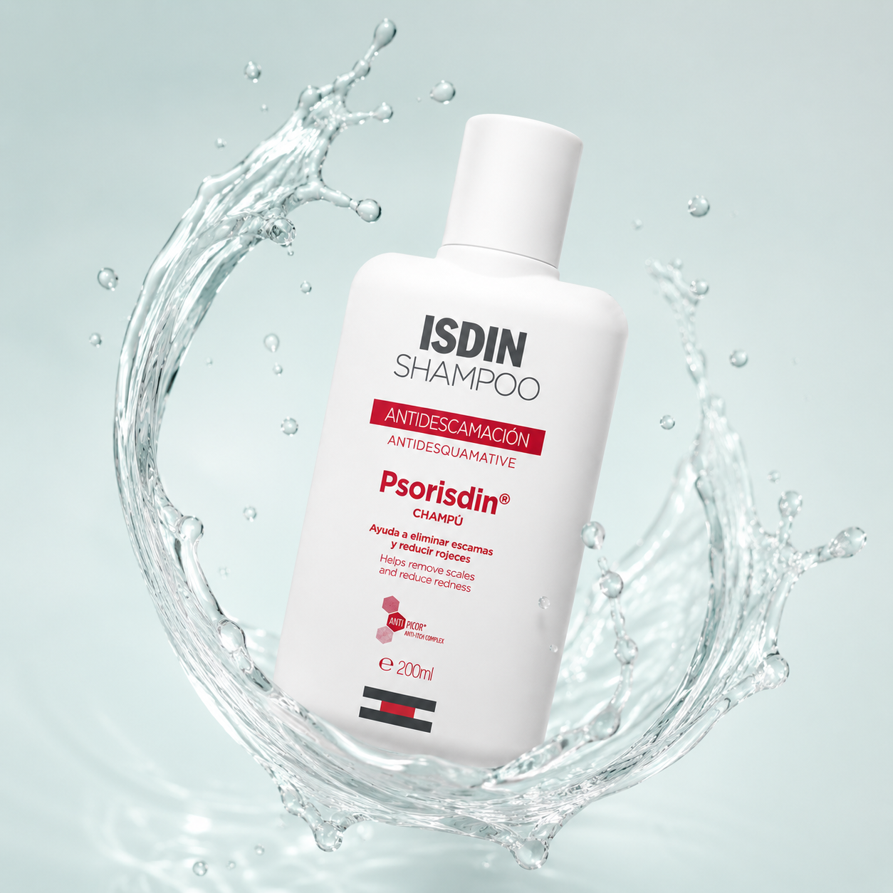ISDIN Psorisdin Shampoo Antidesquamative 200ml anti-scaling shampoo bottle helps remove scalp scales and relieve itching.