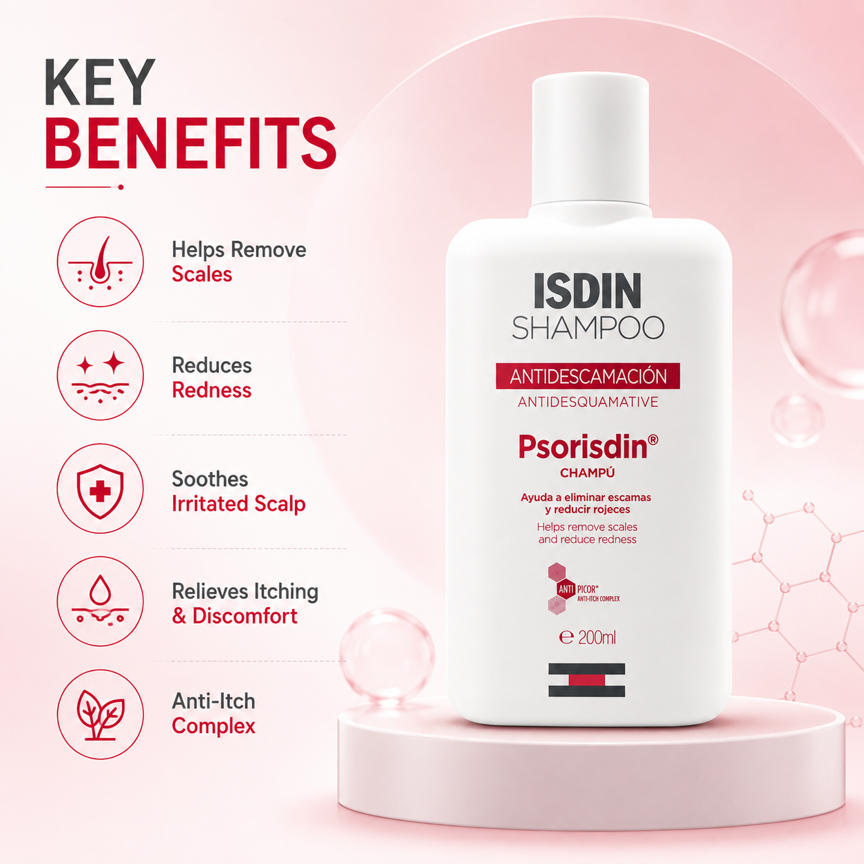 ISDIN Psorisdin Shampoo Antidesquamative 200ml anti-scaling shampoo bottle helps remove scalp scales and relieve itching.