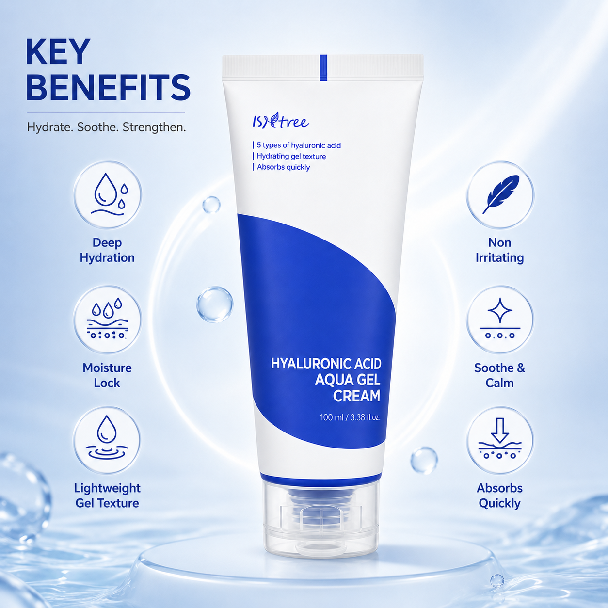 ISNTREE Hyaluronic Acid Aqua Gel Cream 100ml hydrating face gel cream with 5 types of hyaluronic acid for deep daily hydration.