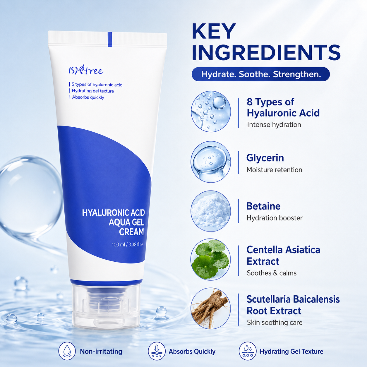 ISNTREE Hyaluronic Acid Aqua Gel Cream 100ml hydrating face gel cream with 5 types of hyaluronic acid for deep daily hydration.