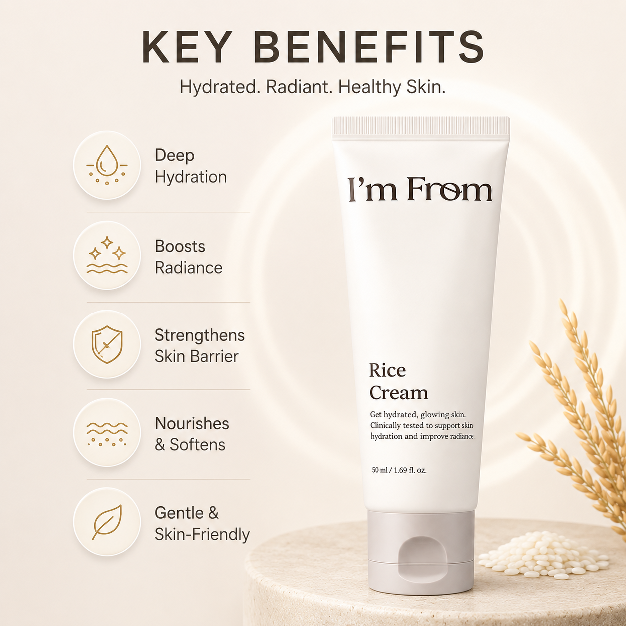 I'm From Rice Cream 50ml hydrating face cream for dry and sensitive skin, nourishing the skin barrier with rice bran water for lasting moisture.